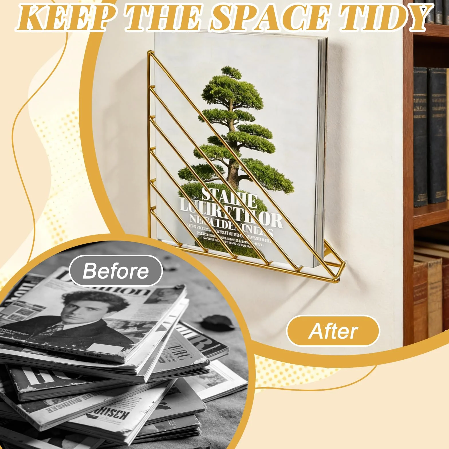 Organizador de Pared Triangular de Metal para Revistas con Tornillos, Dorado