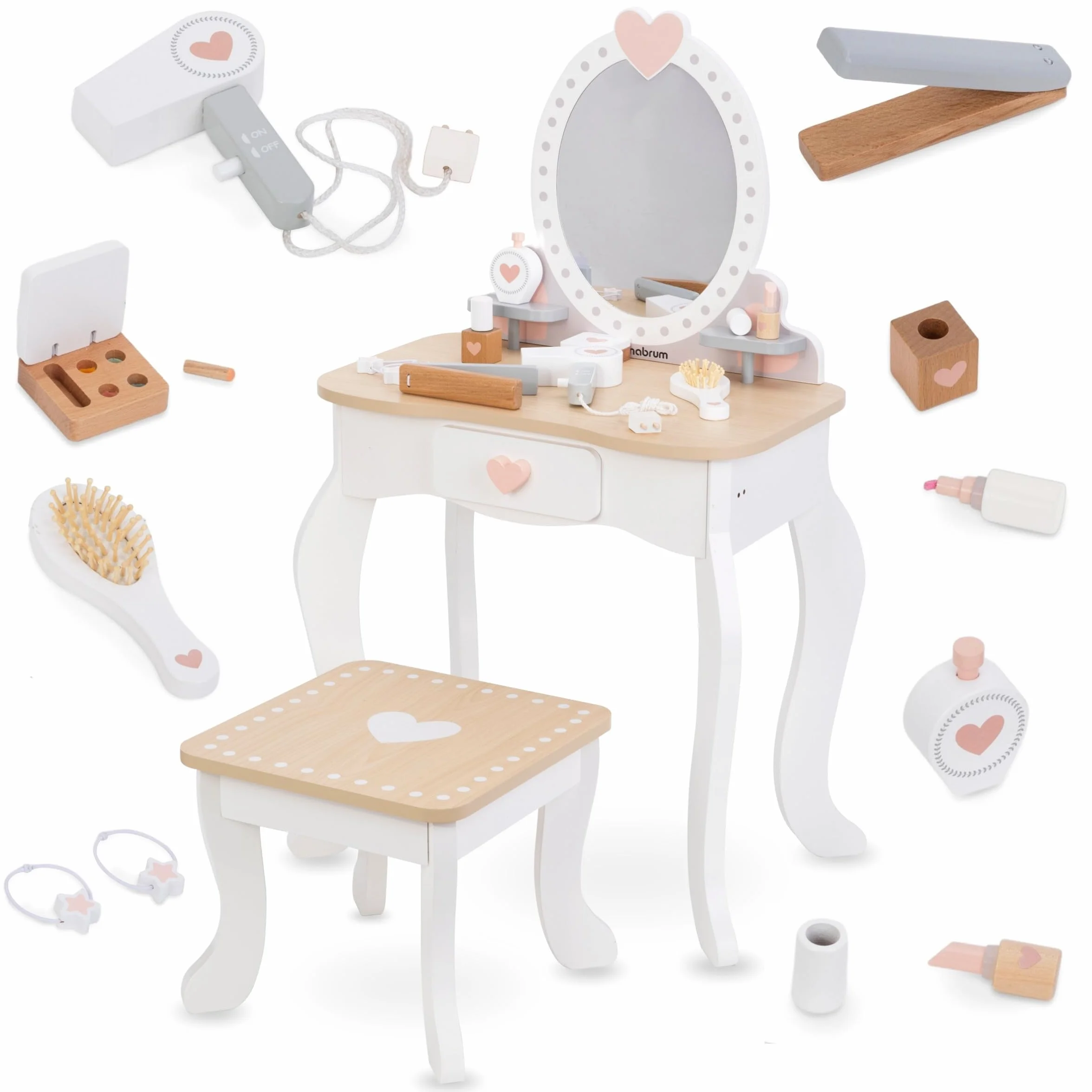 Mamabrum Maquillaje de Madera Dresser para Niñas - Vanidad con Perfume, Esmalte de Uñas, Cepillo y Lazos