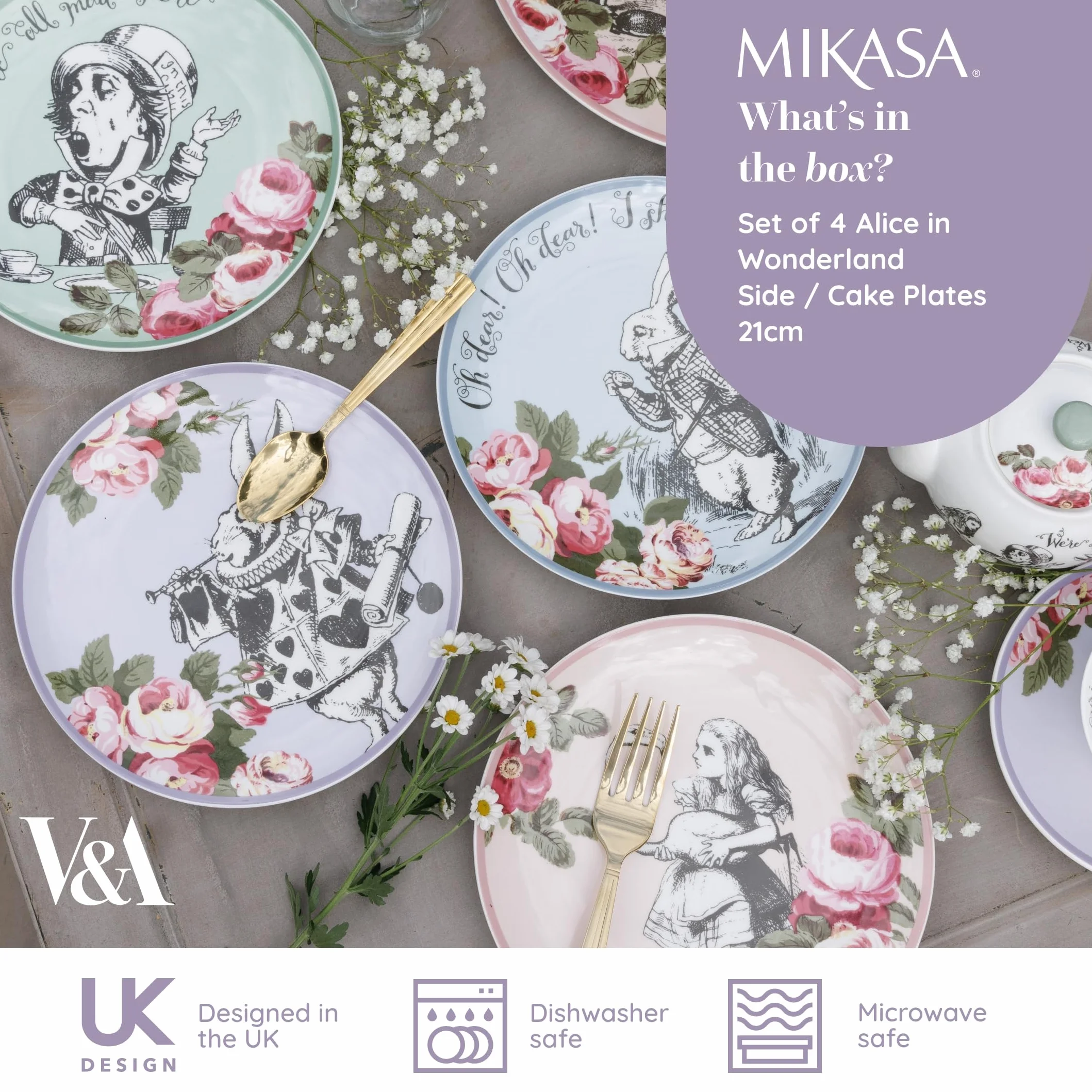 MIKASA and The V&A - Juego de 4 platos para tartas para té de la tarde, 21 cm, porcelana china, té de Alicia en el país de las maravillas, apto para lavavajillas y en caja de regalo