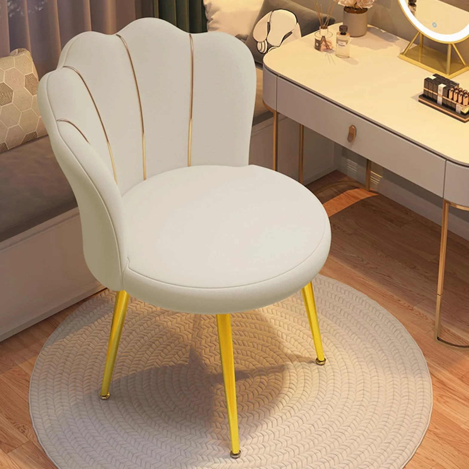 Silla de maquillaje, respaldo con patas de metal dorado, moderna silla de tocador para salón de belleza, dormitorio, oficina, comedor, cómoda y fácil de montar para sentarse durante mucho