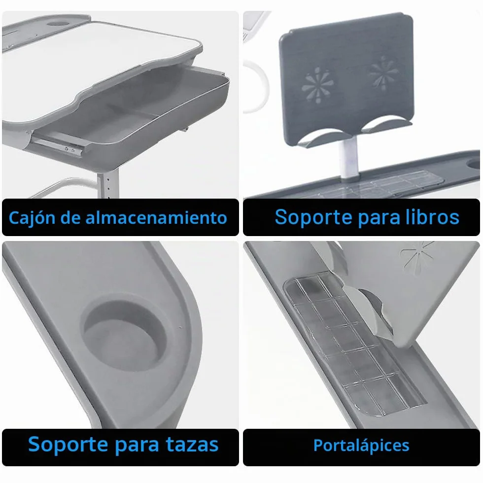 Yinleader Kids Juego de escritorio y silla ajustable con lámpara protección visual, soporte libros, escritorio basculante para escribir leer dibujar gris