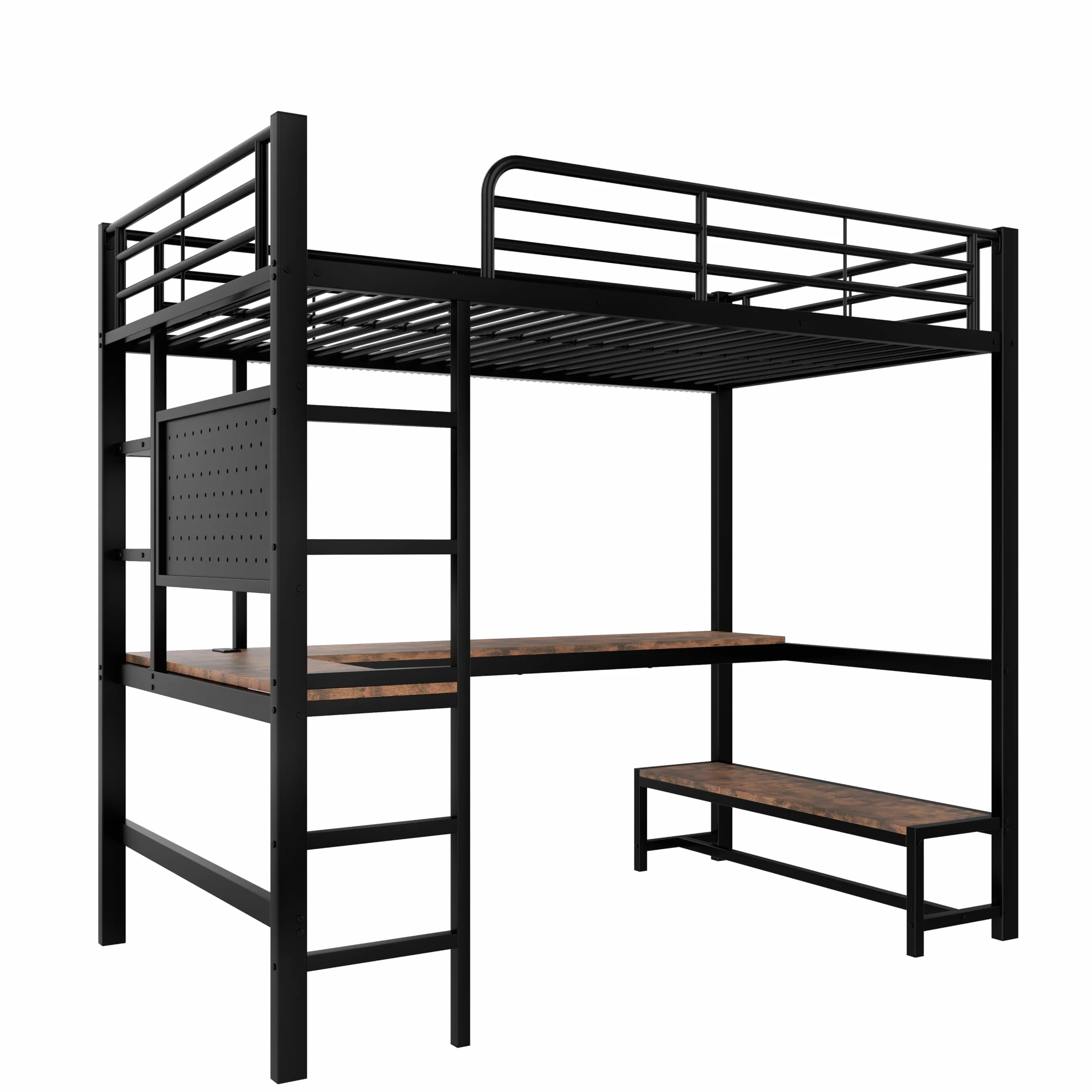 Moimhear Cama alta, marco de hierro, escritorio, barandilla, escalera de tijera, varios estantes, con USB+Type-c, con barra LED, con tabla perforada, sin colchón (negro, 90 x 200 cm)