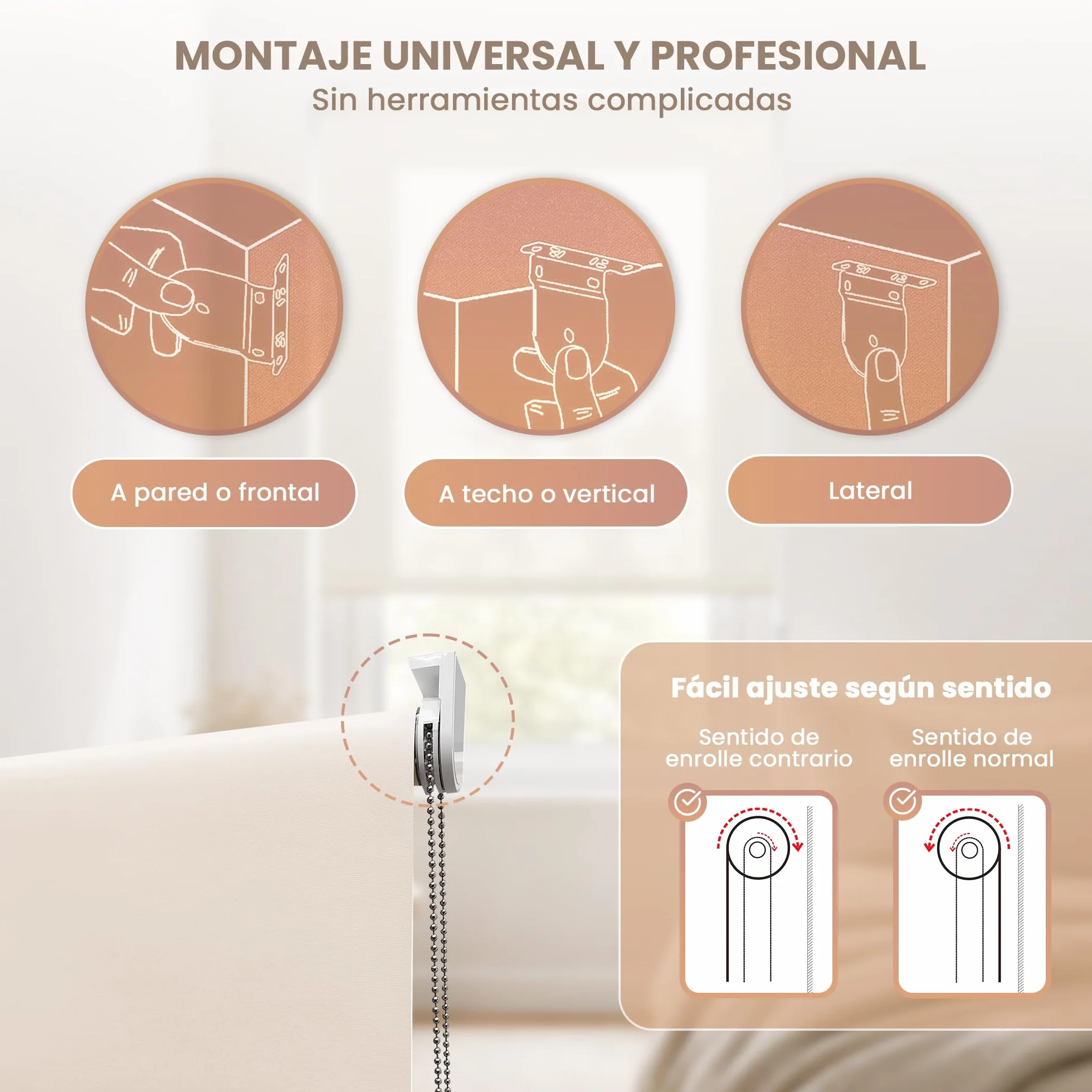 Estor Enrollable Translúcido Arena a Medida 120x180 cm – Luz Natural con Privacidad Día y Noche – Persiana para Ventanas, Puertas, Balconeras, Cocina u Oficina – Instalación en Pared, Techo o Lateral