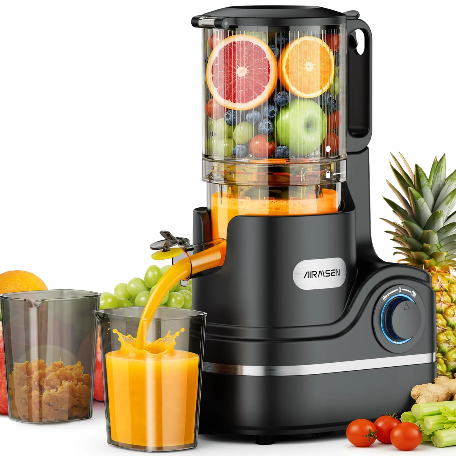 AIRMSEN Extractor de Zumos y Verduras 147MM Apertura Extractor, Capacidad de 2,1 L, Extractor de Jugo Prensado en Frío, Motor de 300 W, Licuadora Silenciosa y Eficiente, Fácil de Limpiar Negro