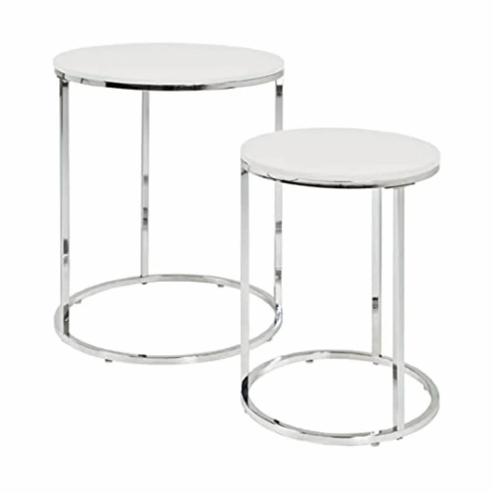 HAKU Juego de 2 mesas auxiliares Cromo, Blanco, MDF, Metal - Dim.: AL 40/50 cm x diámetro 30/40 cm, Estilo: Moderno