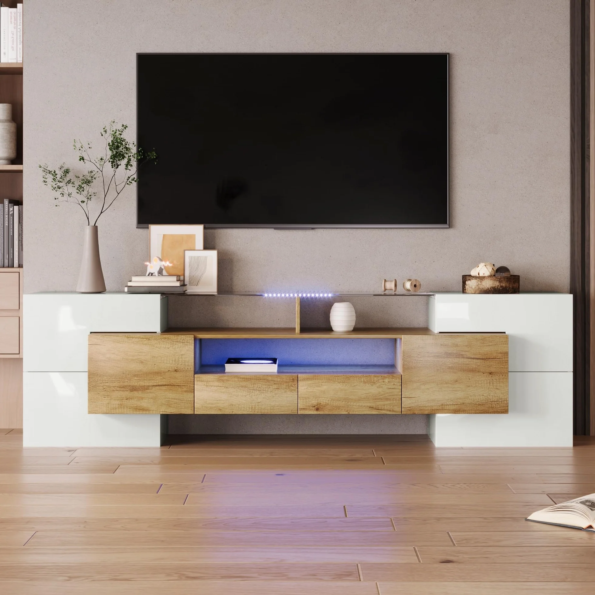 Mueble TV de Alto Brillo de Hasta 80 Pulgadas, Muebles de Salon Muebles TV con Iluminación LED y Estante de Vidrio, Mueble para TV Moderno con 6 Puertas y 2 Cajones, 200x35x60 cm, Natural+Blanco