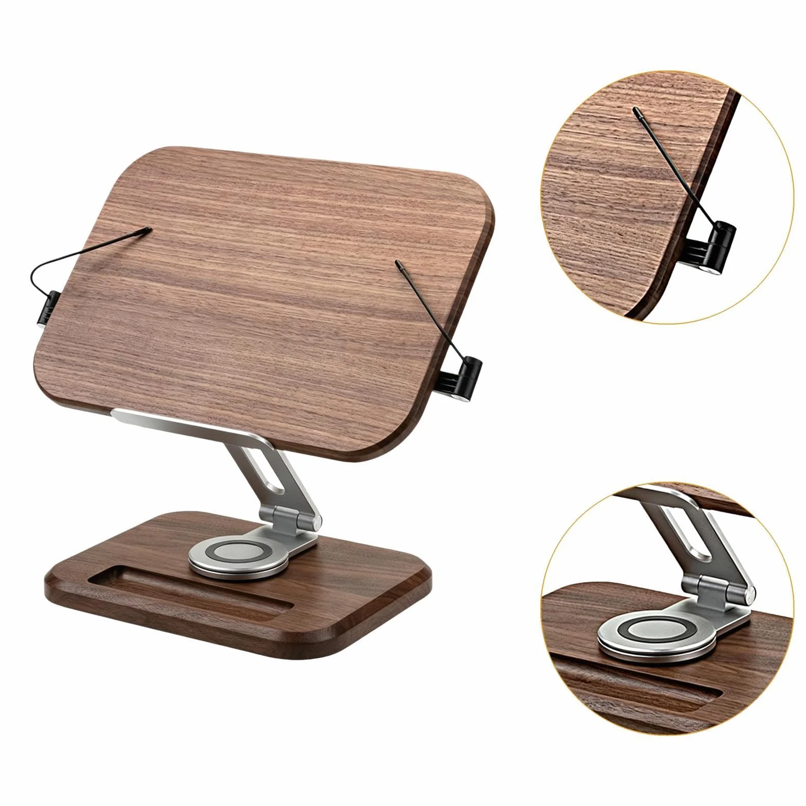 Atril de Lectura Soporte Giratorio para Libros Partituras y Portátil con Estructura de Madera y Metal de Adecuado para Oficina Cocina