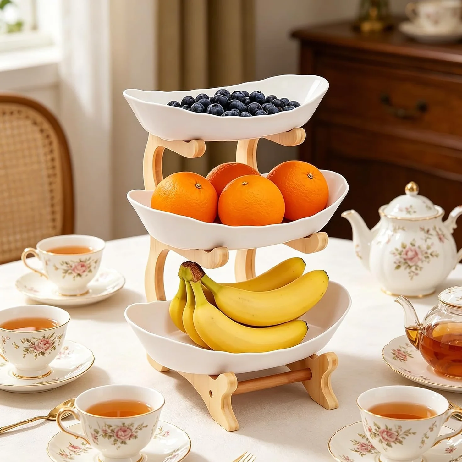 Cesta de frutas de bambú, cuenco ovalado desmontable de 2 niveles, organizador de ahorro de espacio para encimera de cocina, diseño apilable para frutas y verduras del hogar, almacenamiento de cocina