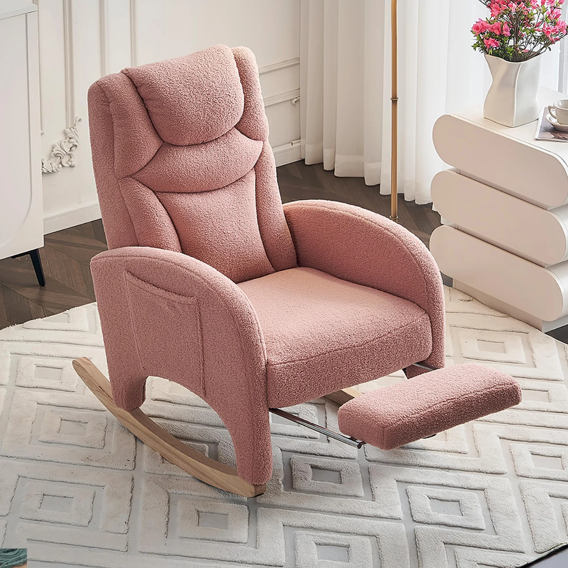 Soweiz Silla de salón con reposabrazos, sillón de relax, mecedora acolchada, silla acento para dormitorio, tela de peluche, capacidad de carga de 110 kg, 66 x 125 x 101 cm (rosa)