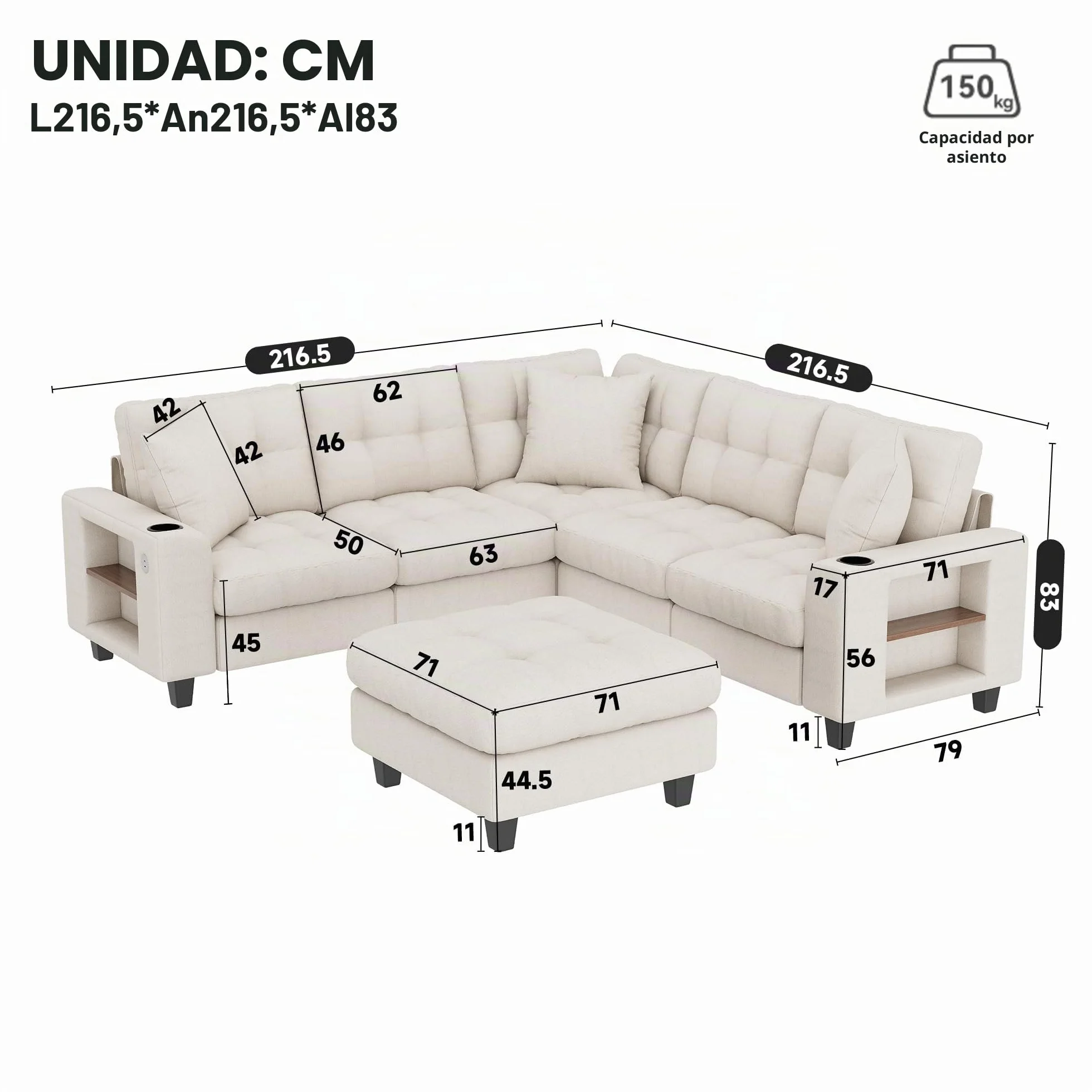 Sapgaks Sofá modular moderno de 6 plazas, con USB y portavasos, sofá de esquina modular muy grande en forma de U/L, con reposapiés extraíble y apoyabrazos con estantería, tela de chenilla, beige