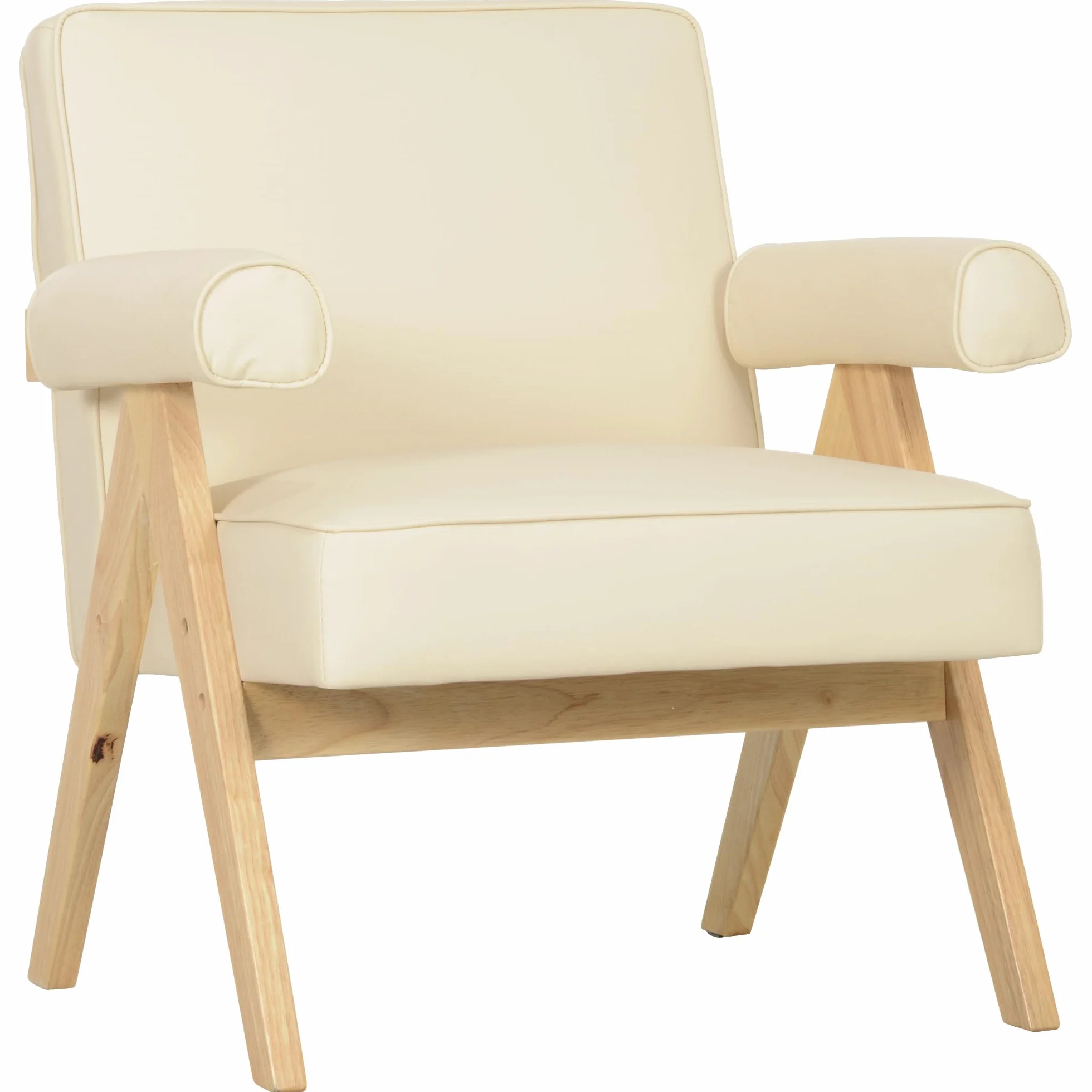 HOMCOM Butaca de Salón Butaca Nórdica Sillón de Salón Tapizado en PU con Reposabrazos y Marco de Madera de Caucho para Dormitorio Carga 120 kg Crema