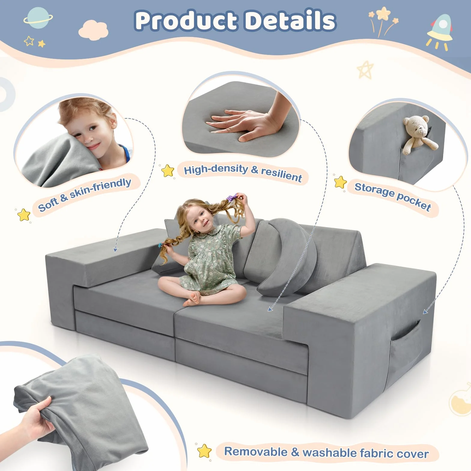 Sofá Infantil, Sofá Modular de Juego 9 Piezas para Niños, Sofá Combinable DIY con Cojines Luna y Estrella, Transformable en Sofá y Castillo de Juegos, Regalo Ideal para Niños (Gris)