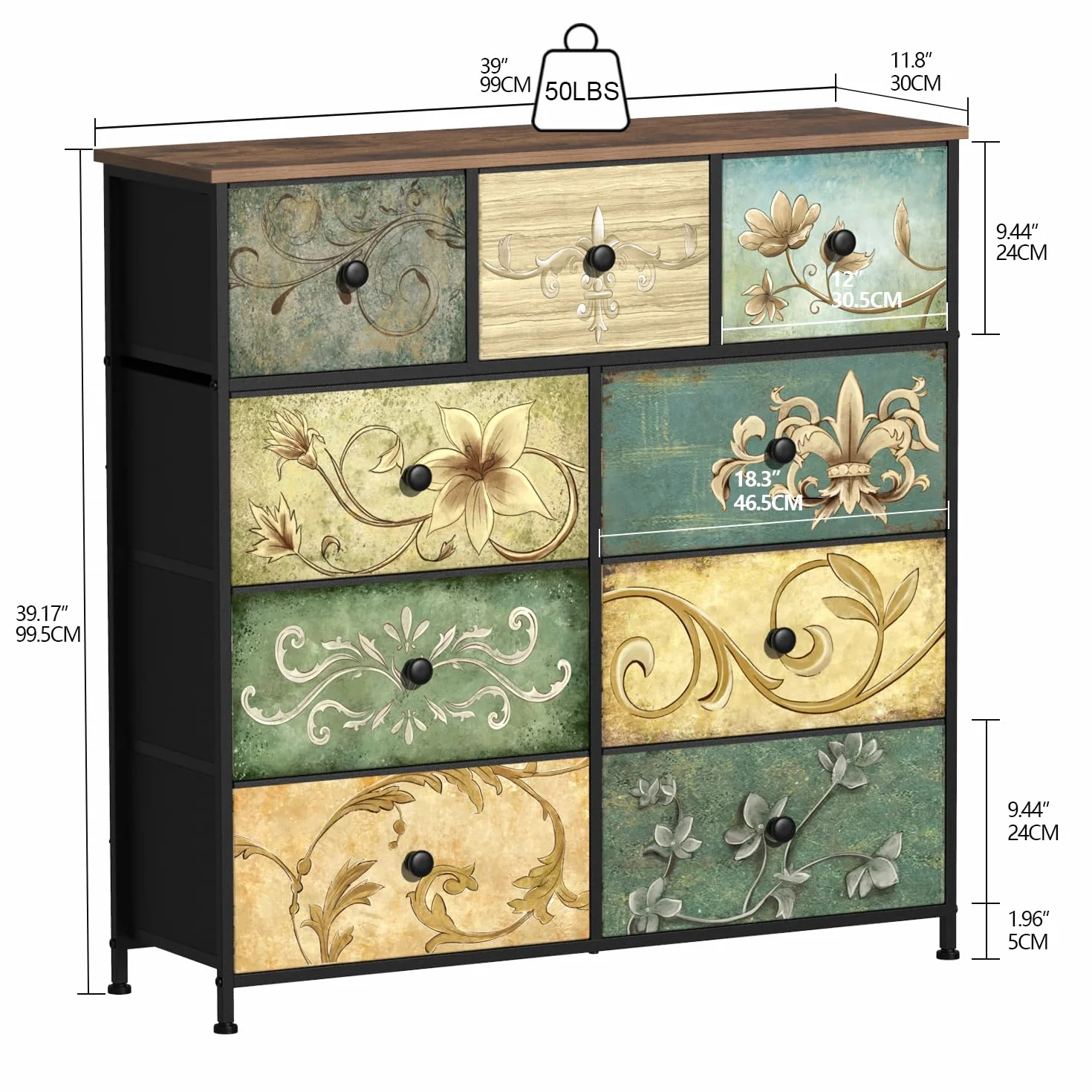VEDECASA Cómoda con 9 cajones, cómoda para dormitorio, cajonera industrial con estructura metálica, superficie de madera y cajones de tela, para salón, habitación infantil, pasillo, estilo rústico