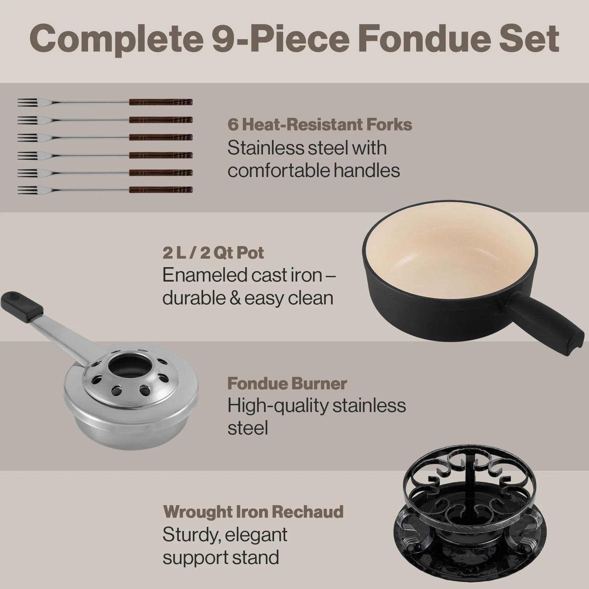 Swissmar KF-66513 Lugano - Juego de fondue de 9 piezas, hierro fundido/acero inoxidable, negro mate, 2 L, juego de fondue multiusos para carne, queso y chocolate, en caja de regalo