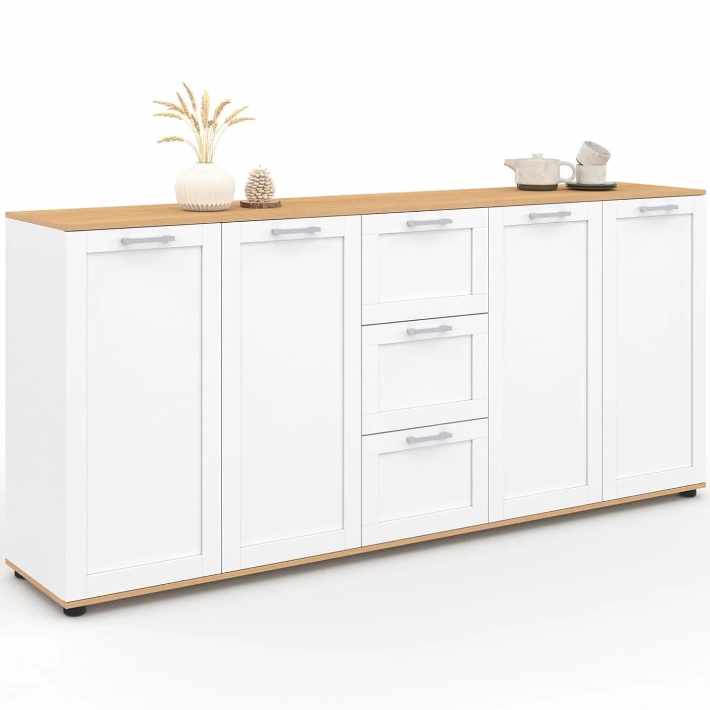 IDMarket VITO XXL - Aparador de 180 cm, 4 puertas con 3 cajones, madera y blanco