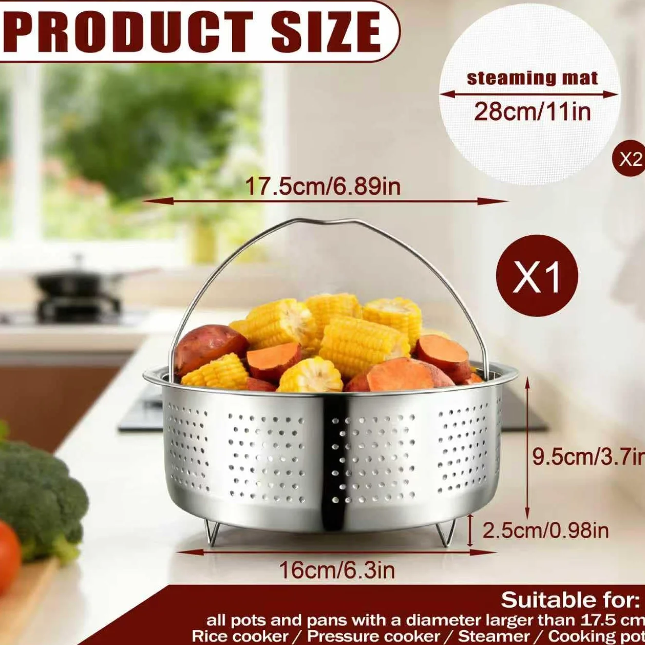 Vaporera de acero inoxidable 304 17,5 cm para ollas a presión cocinar al vapor verduras frutas huevos plateado