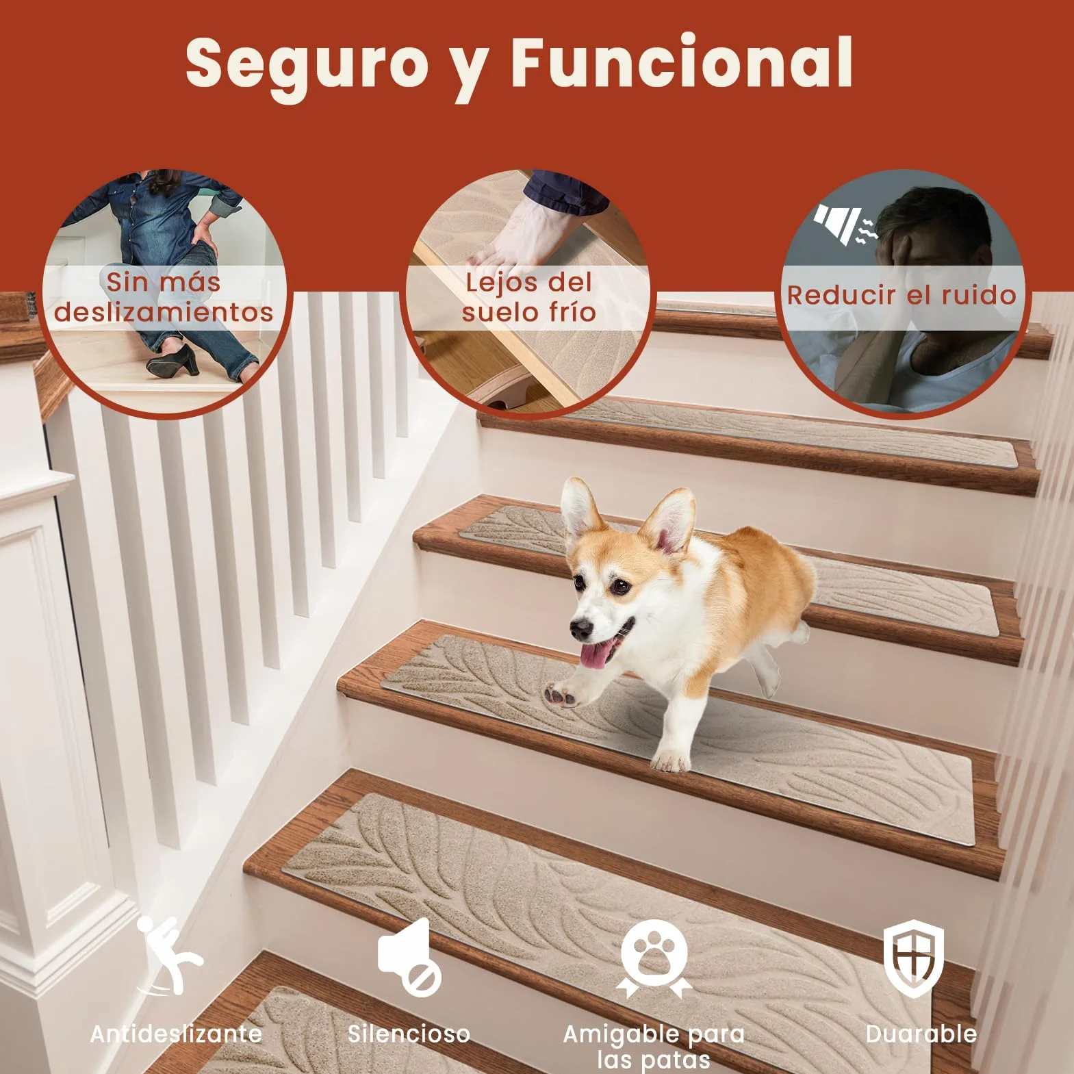 Alfombrillas para Escaleras Antideslizantes, 15 Alfombrillas Autoadhesivas Escalones Interiores, Recortables y Reutilizables - Protección para Mascotas, Mayores, Niños (Beige, 76x20 cm)