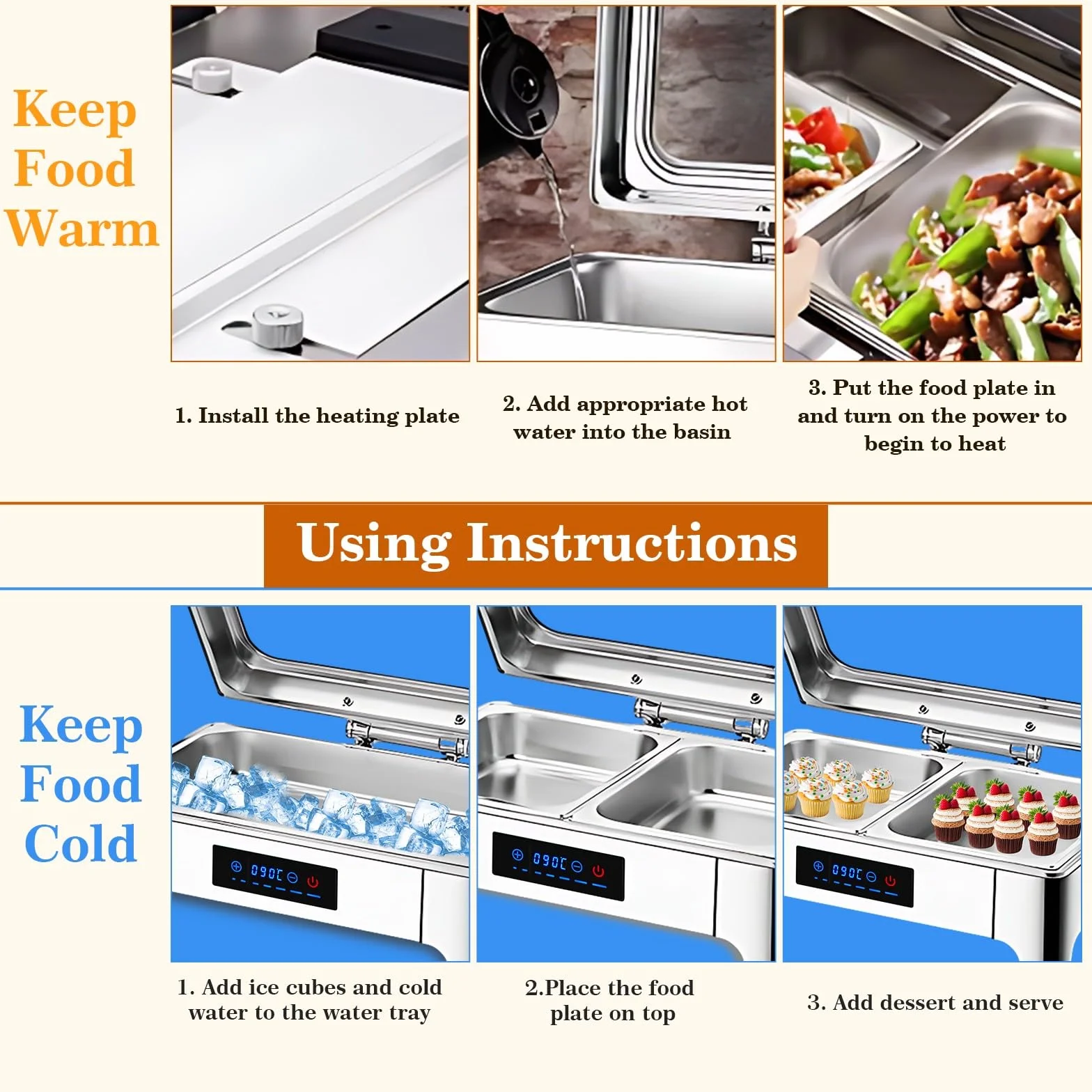 Chafing Dish Electrico, 9L Calentador de Comida Electrico para Buffet Temperatura Regulable, Chafing Dish Buffet con Tapa Transparente Acero Inoxidable(B, 1/3 Pan)