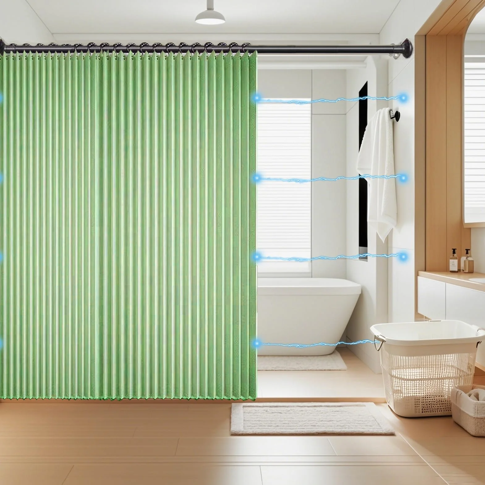 Cortina de Ducha Magnética Plegable Impermeable y Antimoho, Cortinas de Ducha de Tela Plisada, Resistentes y Lavables para Baño, 340g/m², Verde Manzana, 80x200cm