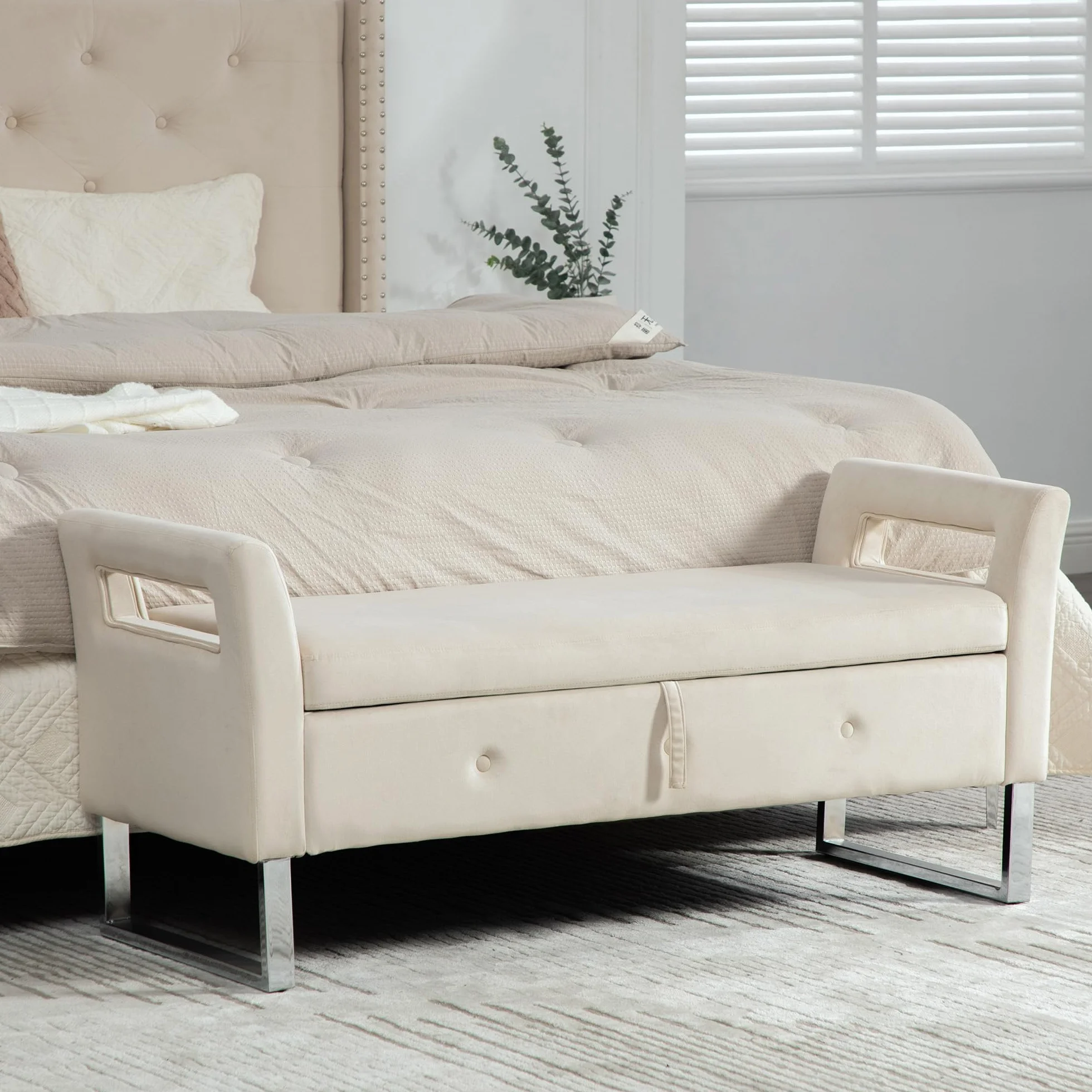 Banco con espacio de almacenamiento, taburete acolchado de terciopelo, con reposabrazos para salón, entrada y dormitorio (beige)