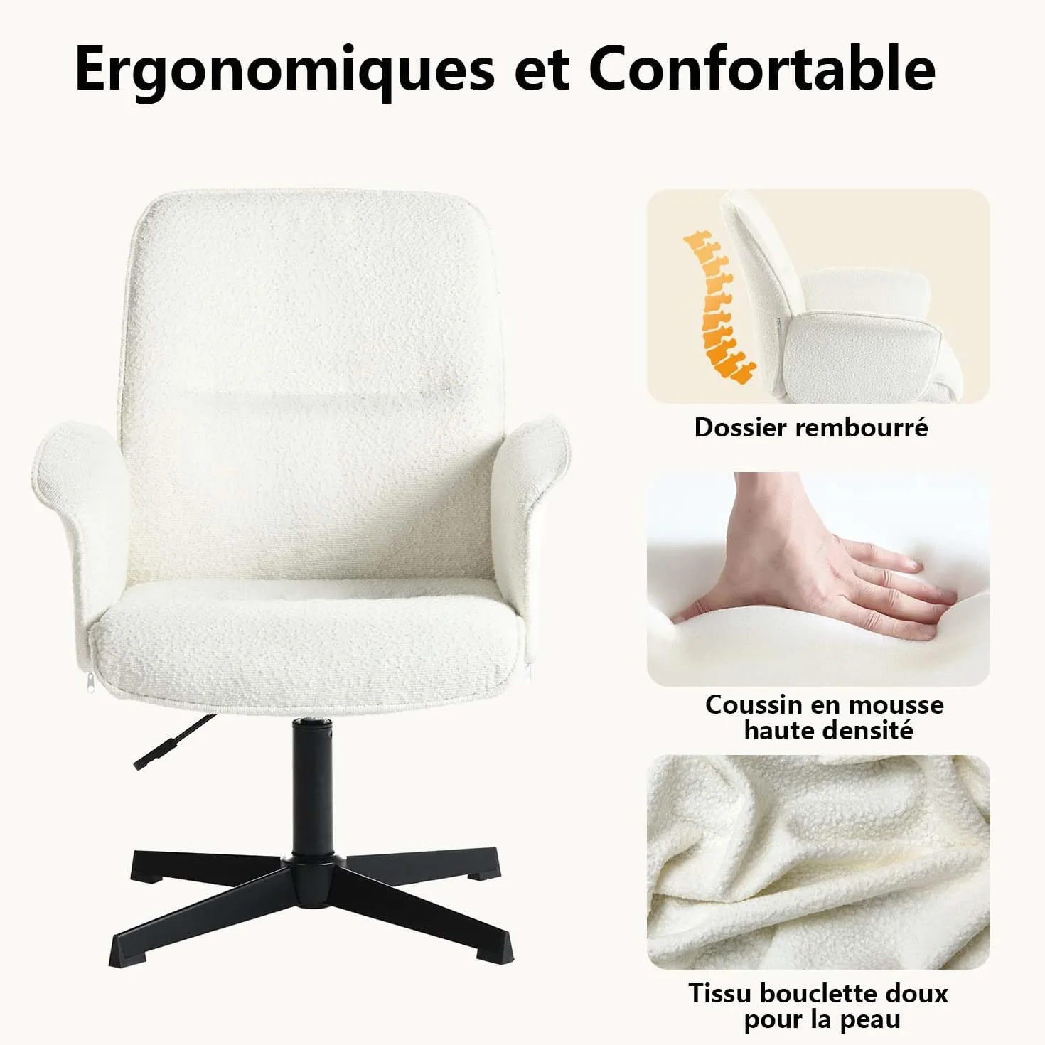MEUBLE Cosy Sillones de salón Butaca nórdica Sillas de Maquillaje Escritorio de Giratoria Altura Ajustable con Reposabrazos para Dormitorio Oficina en Tela de Felpa Blanco