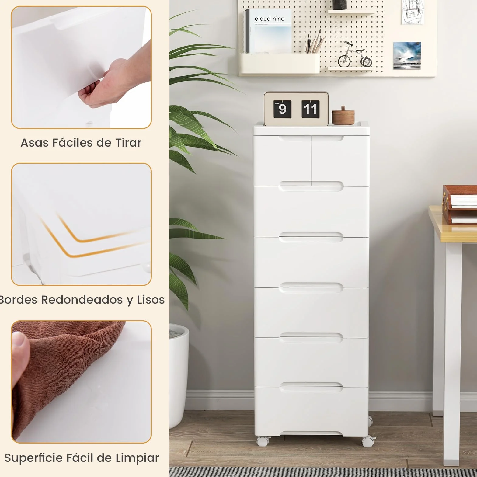 GOPLUS Carro de Almacenamiento de Plástico con Cajones, Mueble Organizador Móvil con 4 Ruedas Universales, Contenedor de Almacenamiento Vertical para Dormitorio, Oficina (Blanco, 6 Cajones)