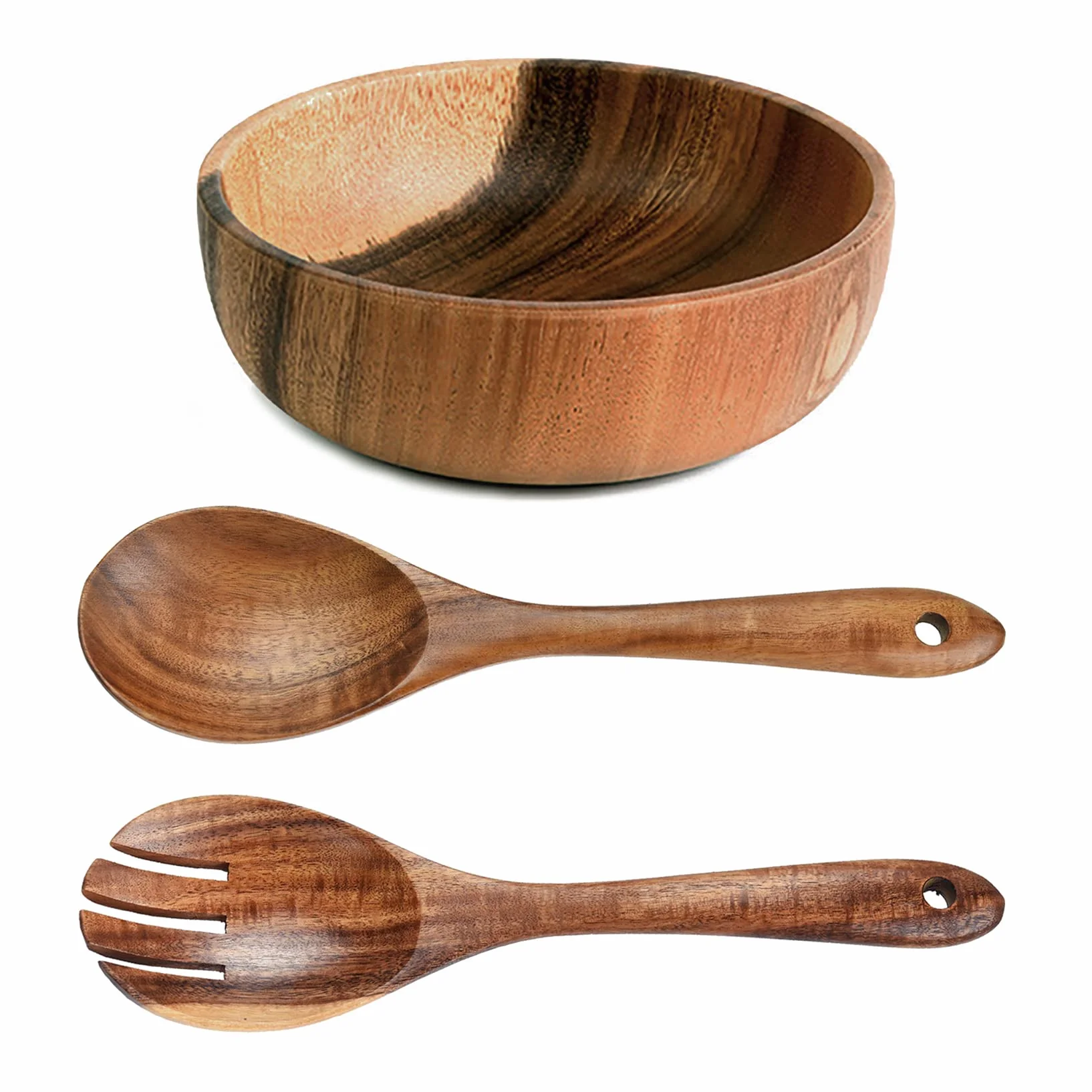 Ensaladera de madera de gran tamaño (18 cm x 7,5 cm), con juego de cuchara y tenedor de madera (26 cm x 6,8 cm), cuenco de madera de acacia, cuencos grandes de madera para servir