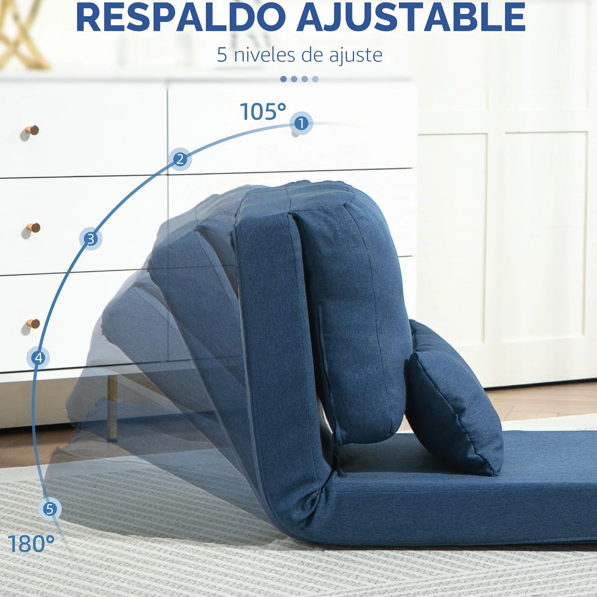 HOMCOM Sillón Convertible 1 Plaza Sillón Perezoso Cama Calentador 1 Plaza - Cojín Incluido, Respaldo Ajustable - Salón, Carga 120 kg, Tejido Lino Azul Oscuro