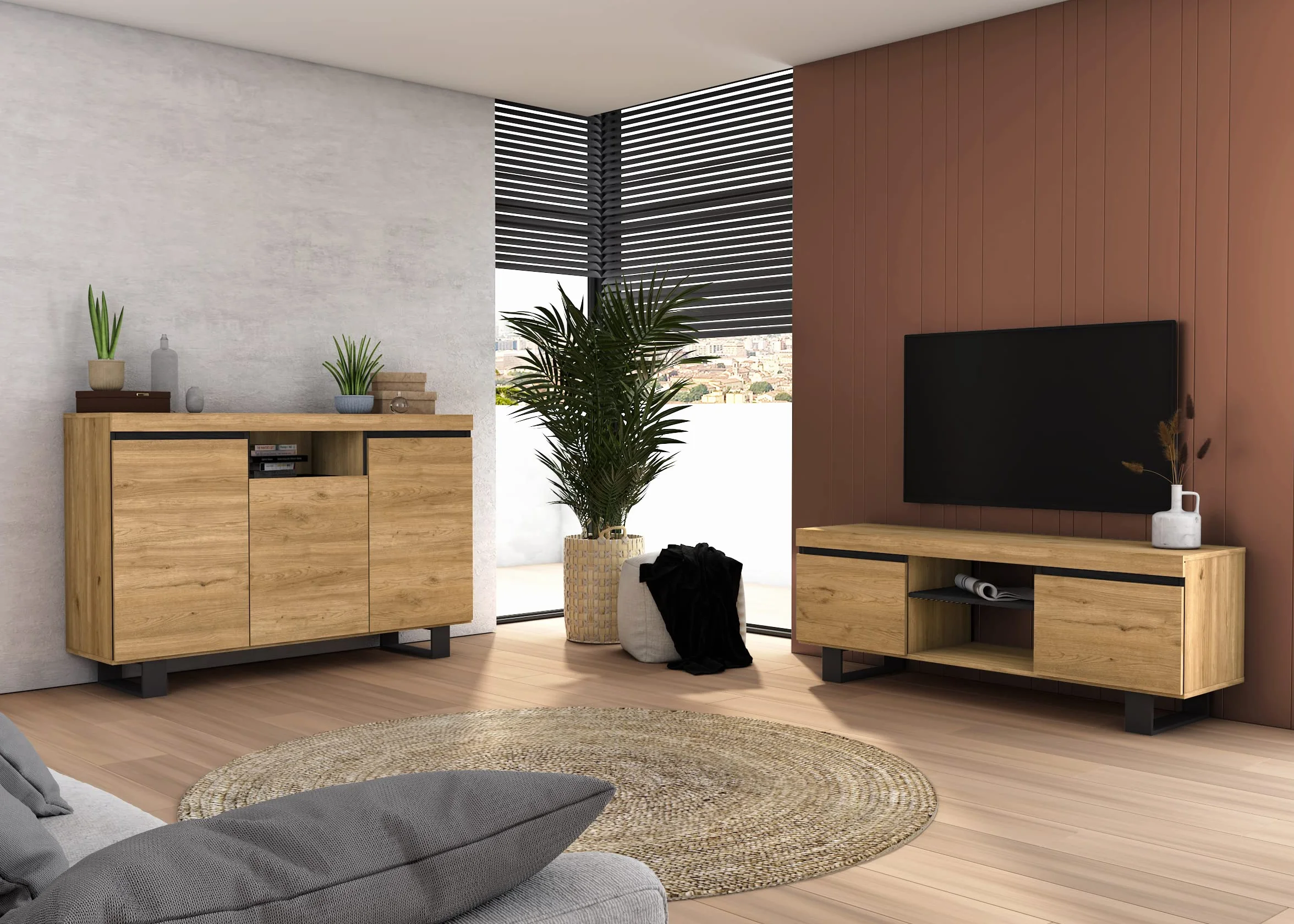 Skraut Home | Set Naturale Salón Comedor con patas | Mueble Auxiliar | Buffet | Mueble tv 140cm | Color Roble Negro Nórdico