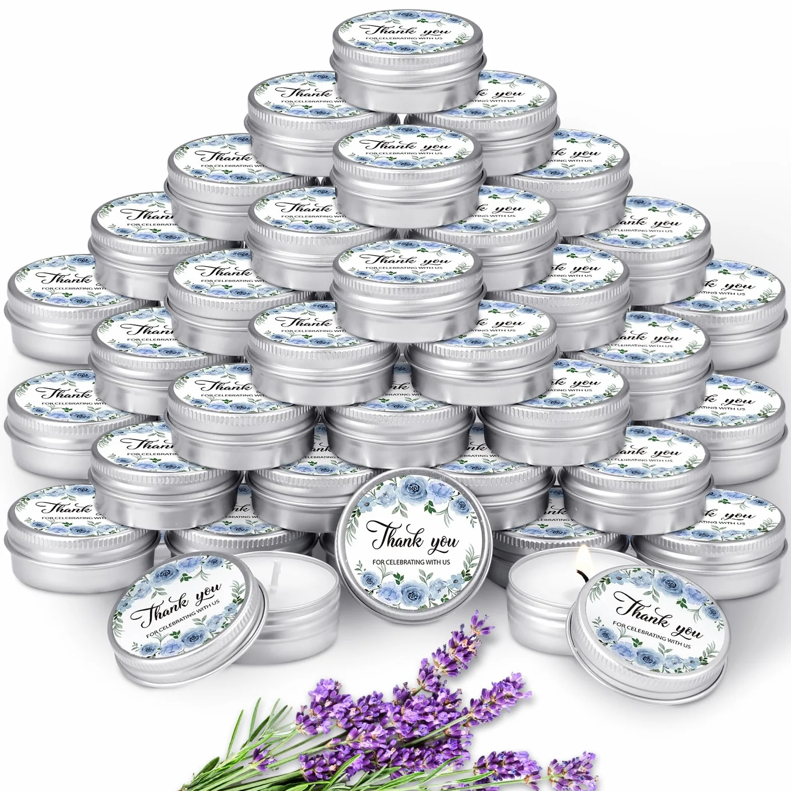 MTLEE 50 velas de boda, regalos para invitados, 1 onza, flores azules | Vela aromática de cera de soja con aroma a lavanda para despedida de soltera, regalos de fiesta de boda rústica, invitados