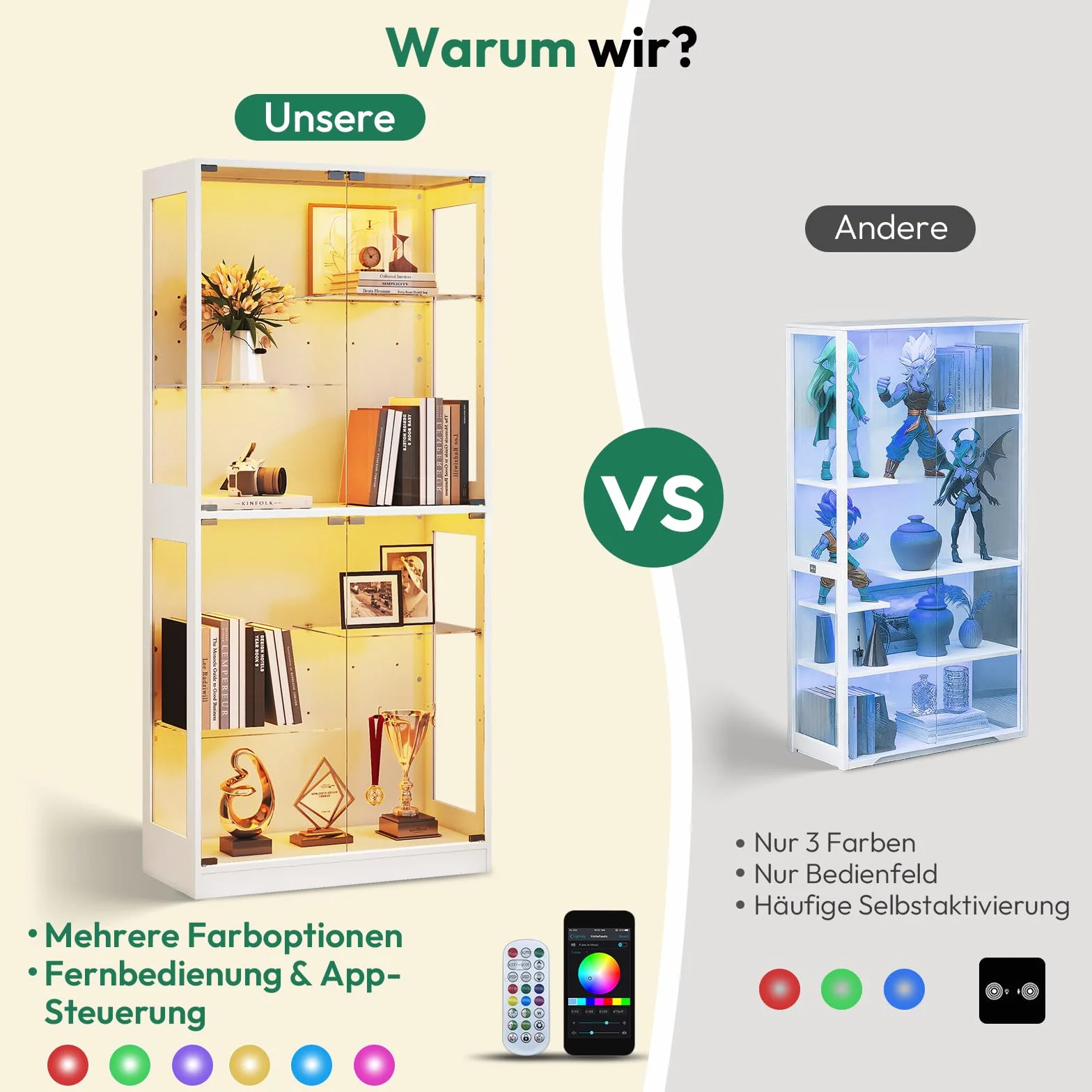 Lamtor Vitrina de cristal de pie de 175 cm con iluminación LED RGB, armario de vitrina de altura ajustable con cristal de seguridad y cierre magnético | para colecciones en el salón (blanco)