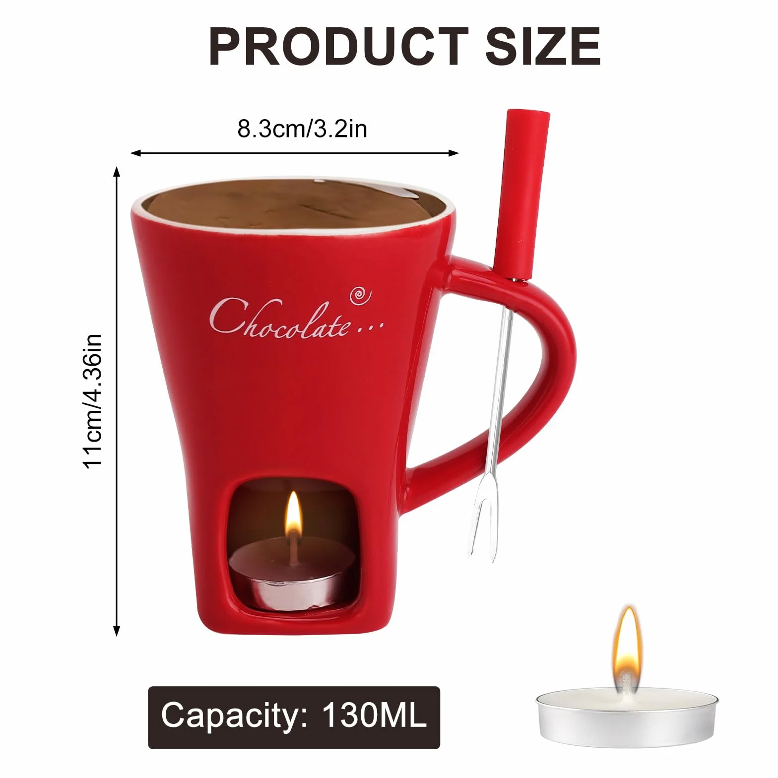 Taza de cerámica para fondue de chocolate 130 ml con portavelas y tenedores