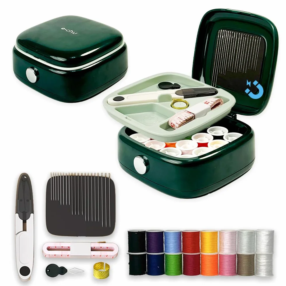 Kit de costura magnético, kit de aguja e hilo con suministros de costura, kit de costura pequeño portátil para adultos principiantes (verde)