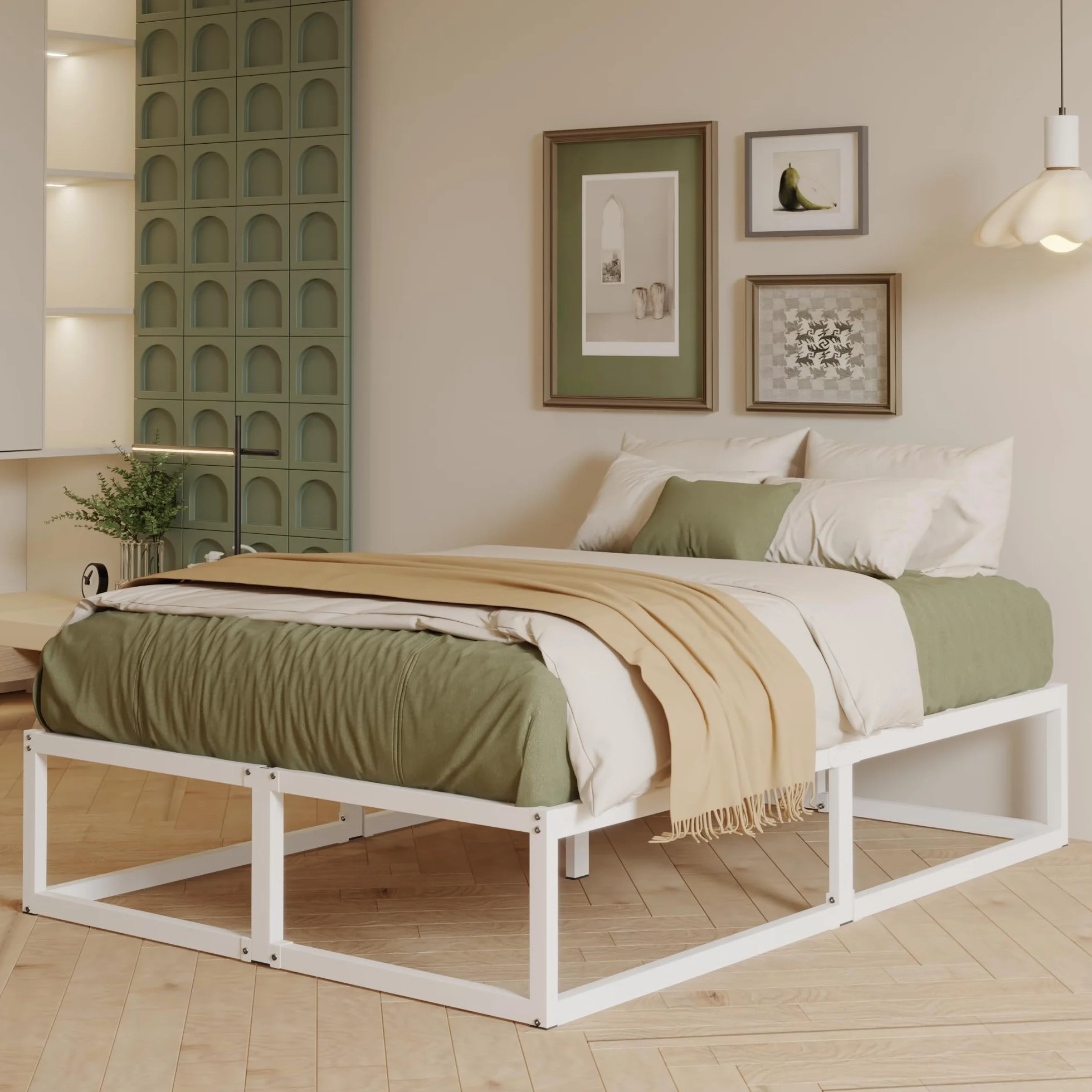 EMODA Cama de Metal 150 x 200 con Somier de Láminas, Marco de Camas Matrimoniales Altura 36 cm con Almacenamiento Debajo, Estructura Resistente, Fácil Montaje, Libre de Ruidos, Blanco
