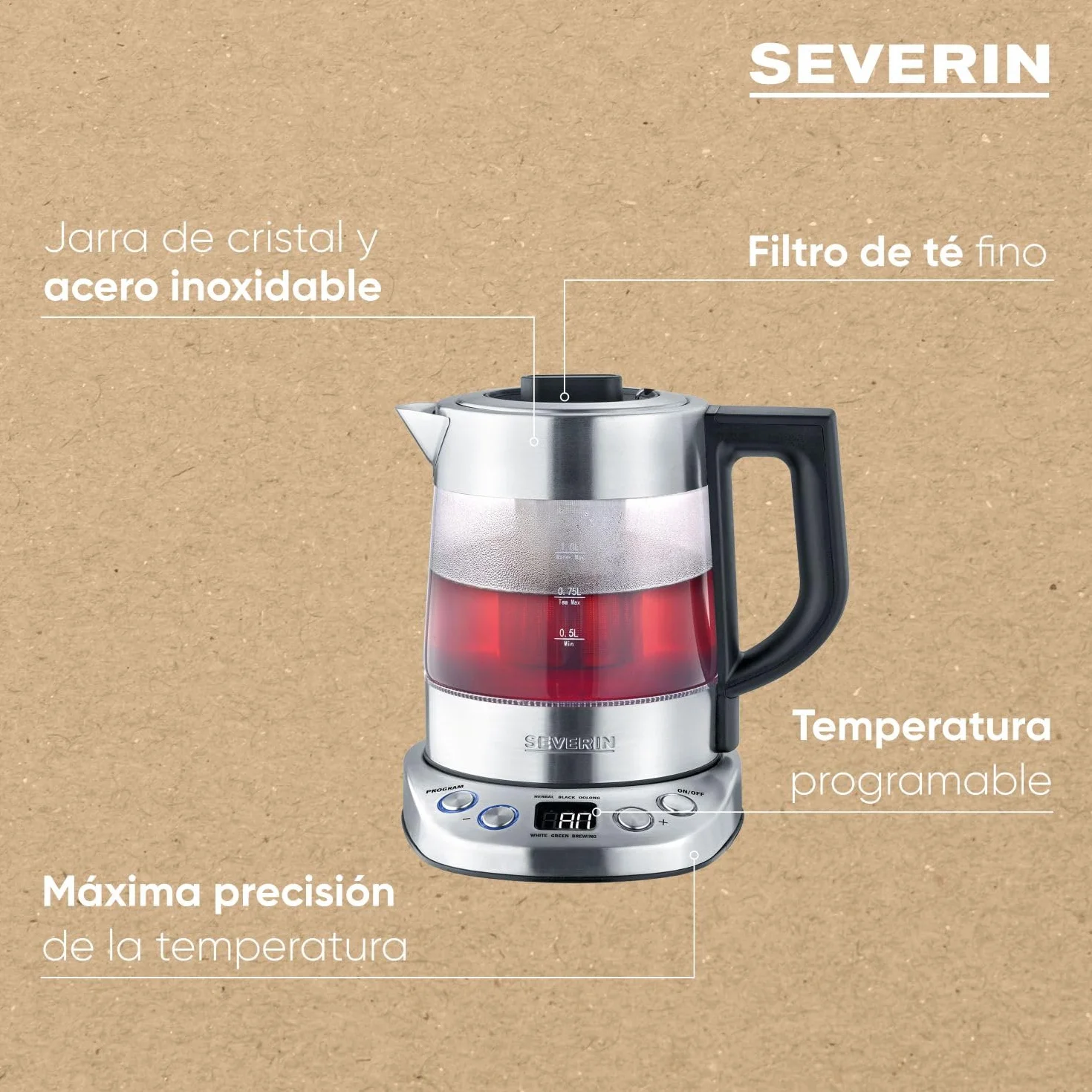 SEVERIN Tetera y hervidor de agua Deluxe Mini, tetera eléctrica de cristal para hasta 1,0 L, tetera pequeña con temperatura ajustable, color acero cepillado/negro, WK 3473