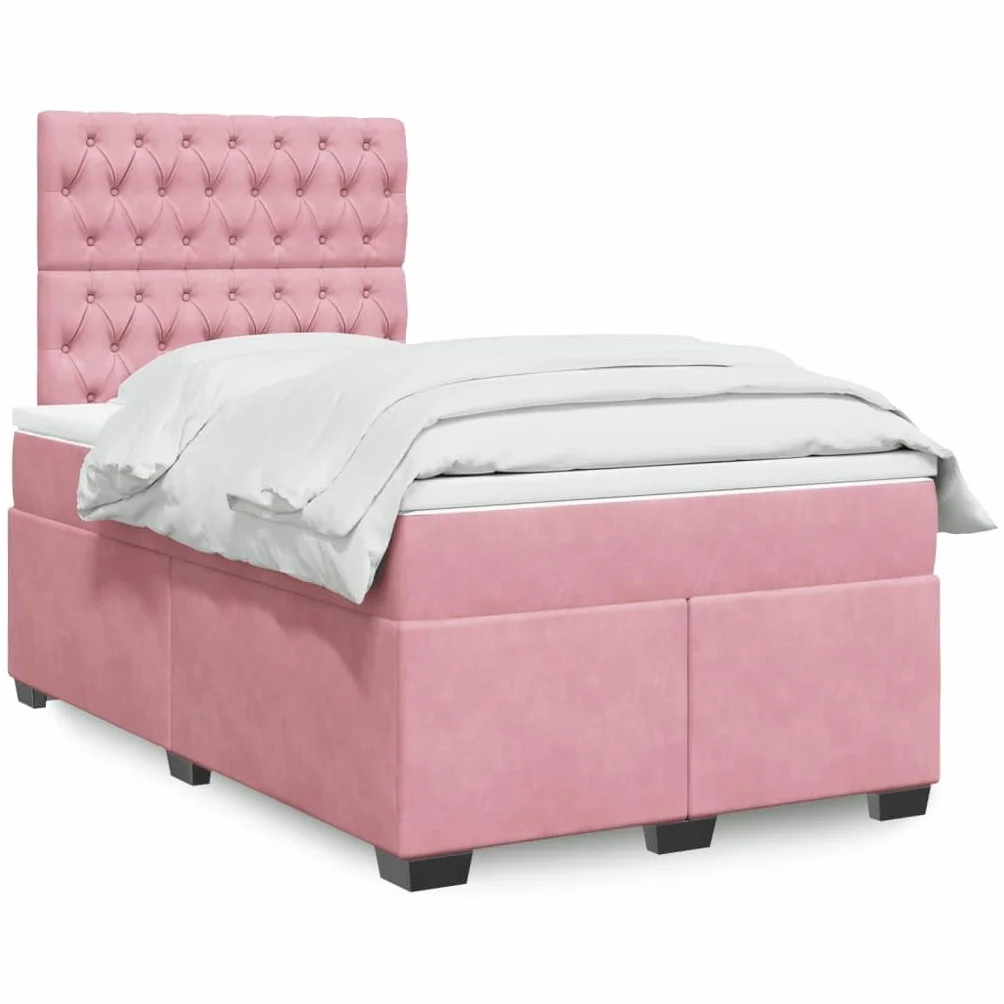 Cama con somier rosa de terciopelo 120 x 200 cm con LED USB, cabecero regulable en altura regulable, colchón de resistencia media para jóvenes, dormitorios, habitaciones de invitados