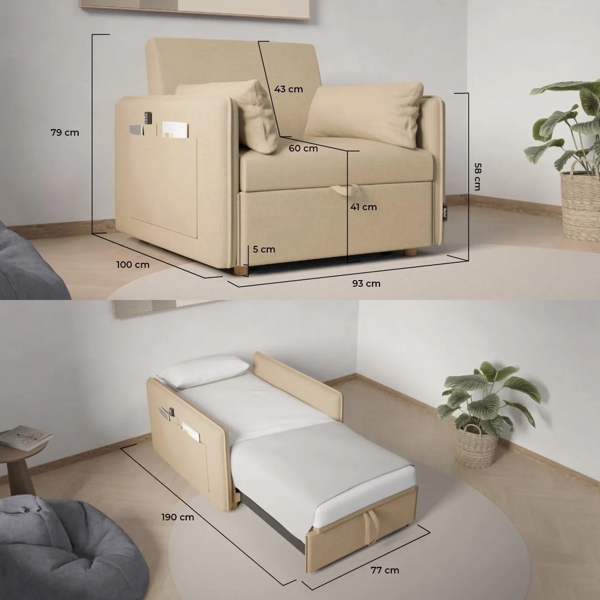 Nalui-Sofá Cama 1 Plaza 3 en 1 Nest 1 93x100x79cm con 3 Posiciones y 2 Almohadas (55x20cm). Sofá Cama Individual, Soporta hasta 200Kg. Sillón Cama Reclinable con Reposabrazos, Beige