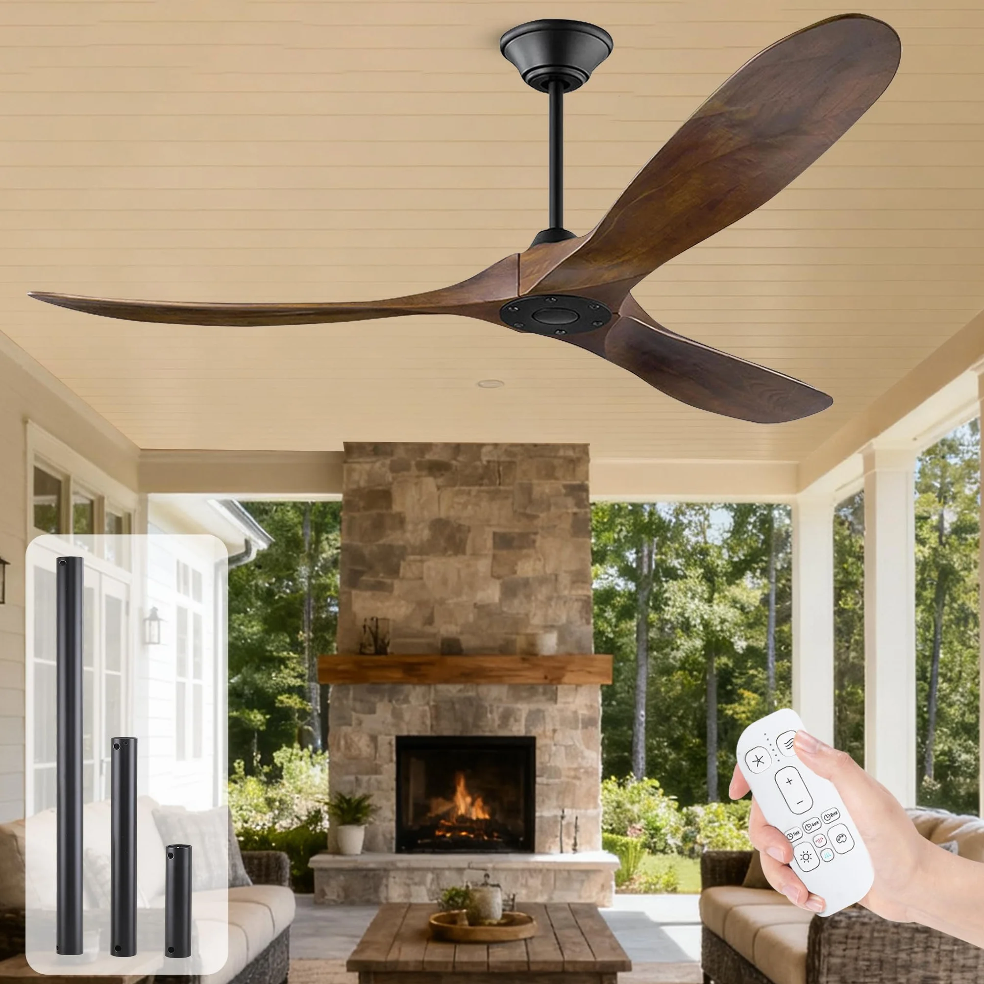 Ventilador de Techo con Mando a Distancia,Ventilador de Techo sin Luz Silencioso,152cm de Diámetro,3 Aspas de Madera,Motor de CC,6 Velocidades,Temporizador,Función Verano-invierno,Nogal