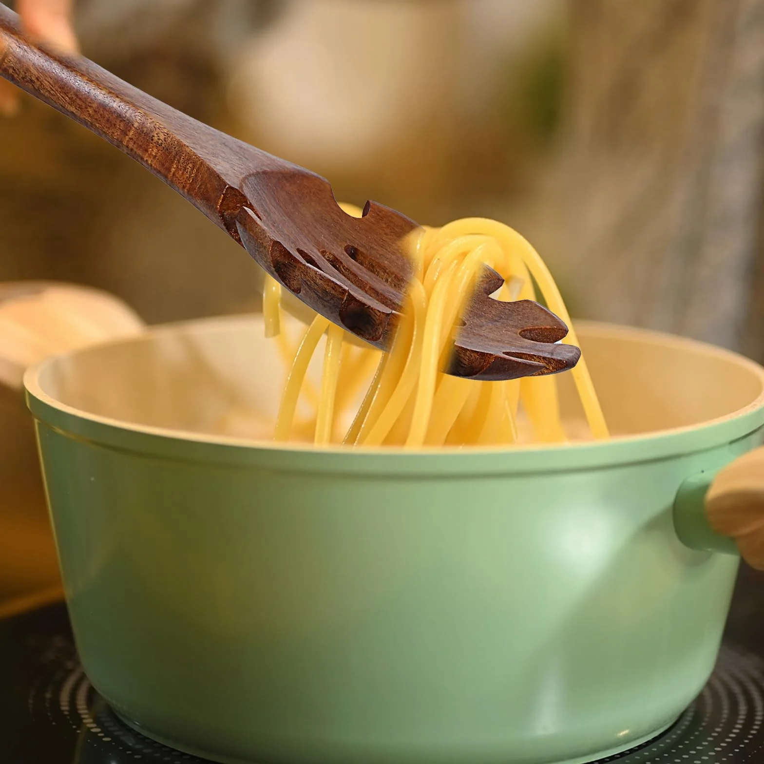 Cuchara de pasta con dientes, cuchara de madera para espagueti, tenedor y servidor resistente al calor