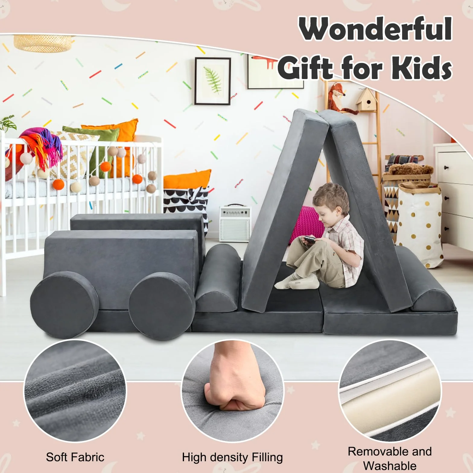 Sofá de juegos para niños, sofá infantil de 10 bloques de construcción de espuma, flexible y combinable, sofá modular para jugar, ser creativo, dormir (160 cm)