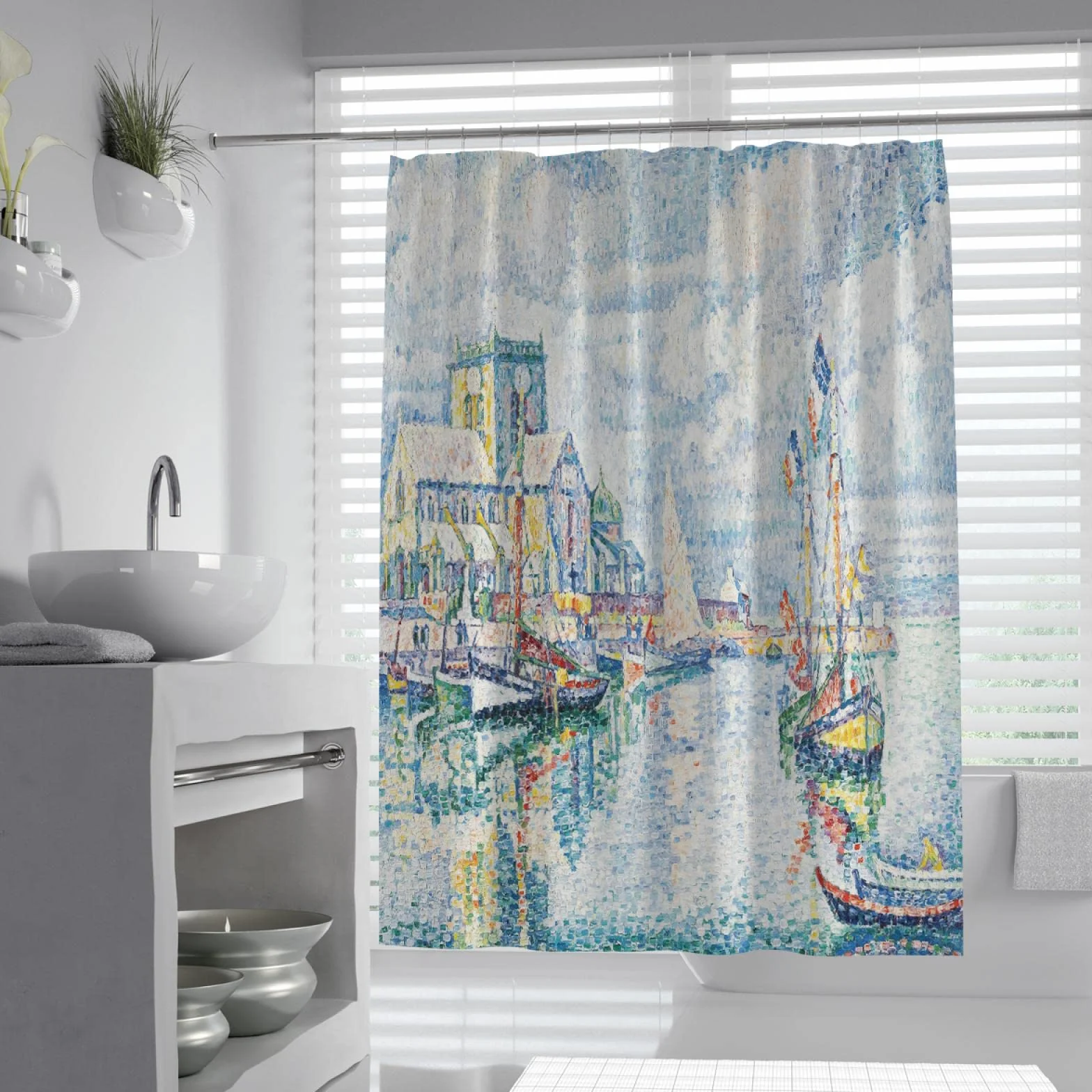 Cortinas de Ducha de impresión Ingenioso Punto Barco Cortina de Ducha para decoración de baño Impermeable máquina Lavable Paul Signac Cortinas de baño W190xL220cm