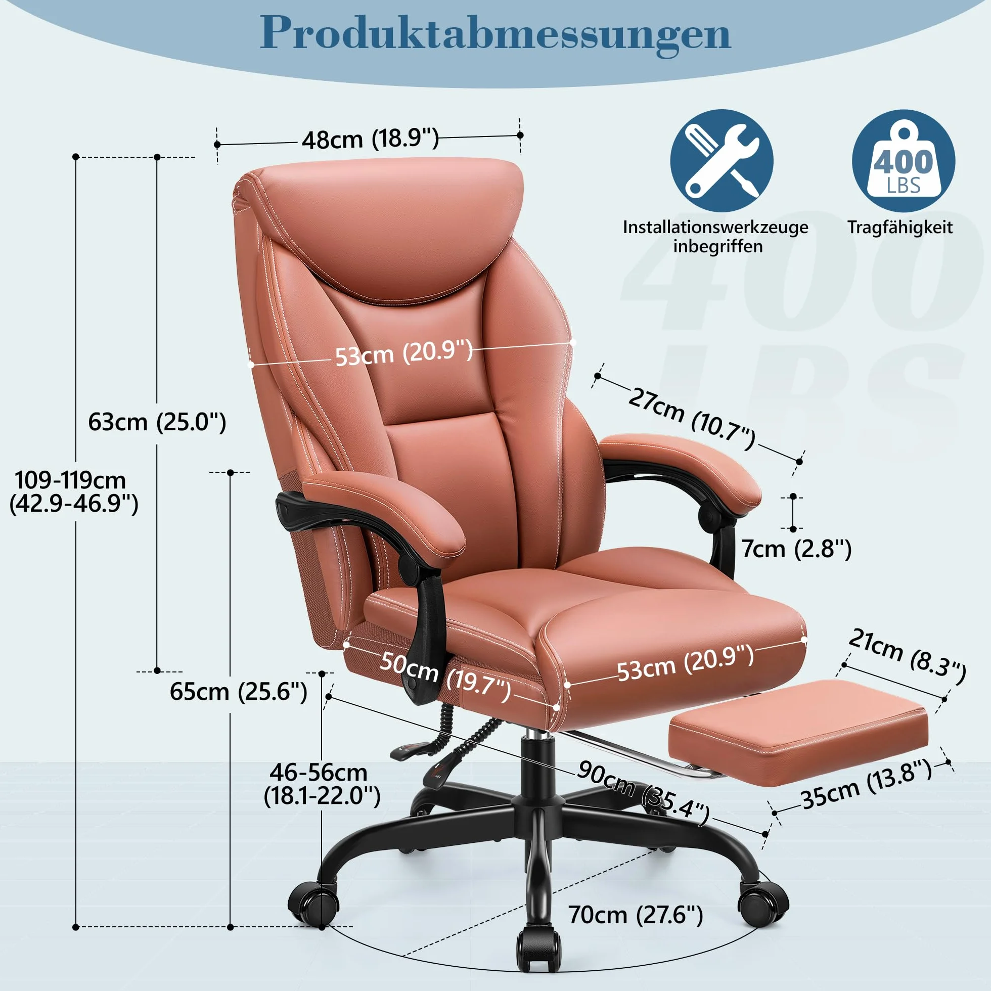 FelixKing Silla Ejecutiva, Cómoda Silla de Oficina Ergonómica, Silla Giratoria de Cuero PU, Silla de Ordenador con Respaldo Alto Ajustable y Reposapiés para Oficina en Casa y Juegos (Marrón Mate)