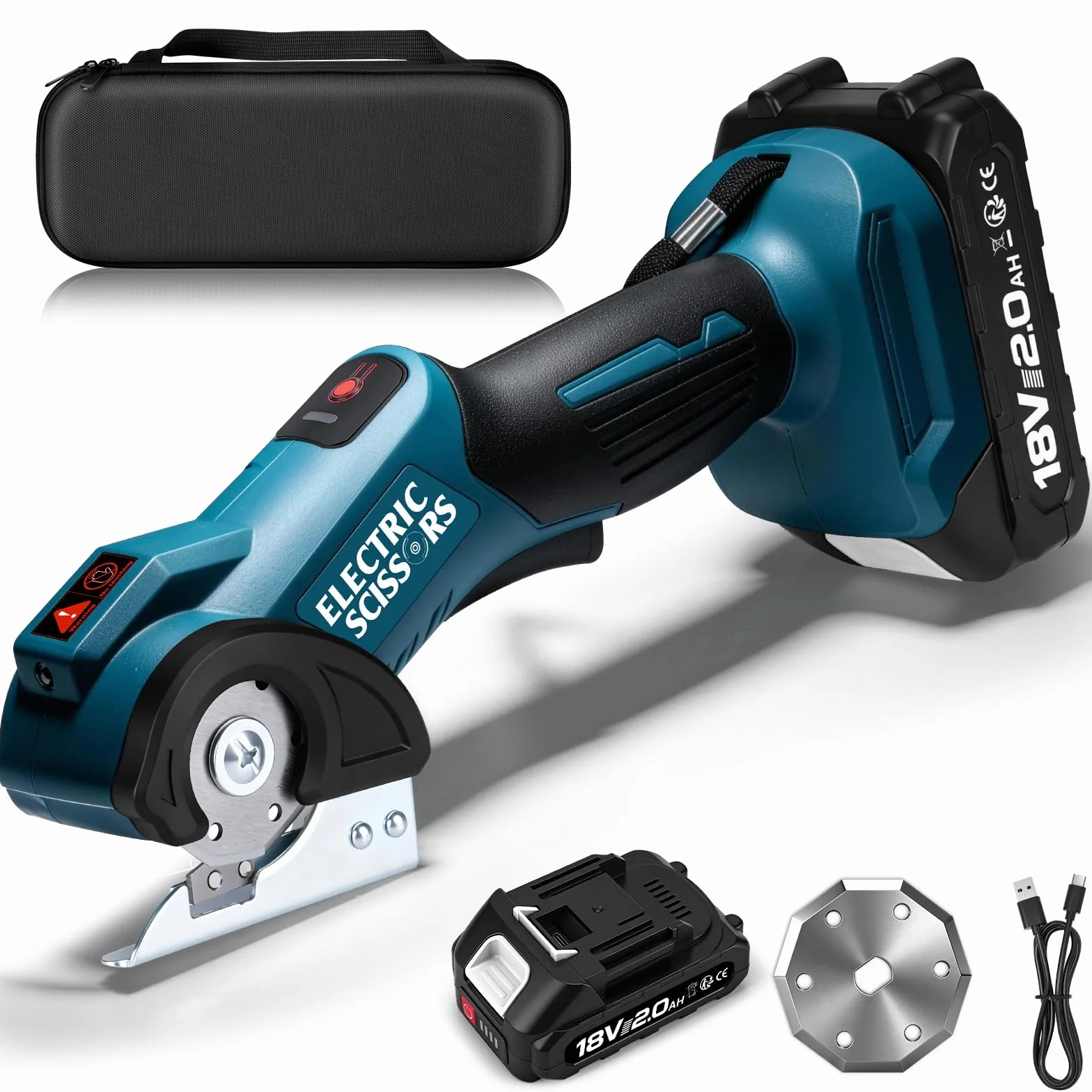 Tijeras Eléctricas Inalámbricas, Profundidad de Corte de 9 mm, 440 rpm | Cortador giratorio eléctrico con batería de 2000 mAh, 2 cuchillas, pantalla LED, compatible con la batería Makita 18V