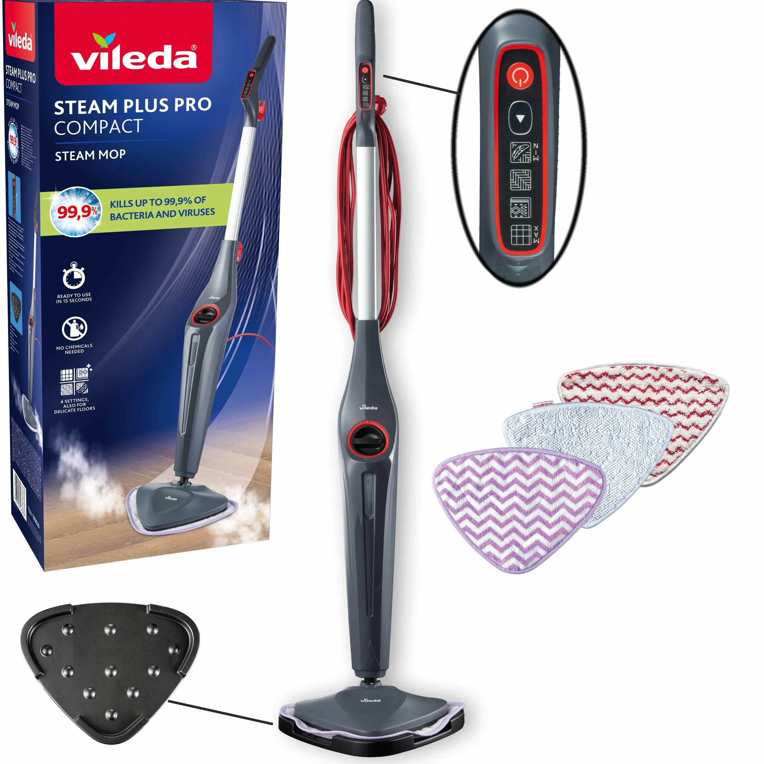 Vileda Steam Plus Pro Compact Limpiador a Vapor | Elimina hasta el 99,9% de las bacterias y virus | Para suelos sensibles | 4 niveles de vapor | Soporte de almacenamiento | Envase ecológico