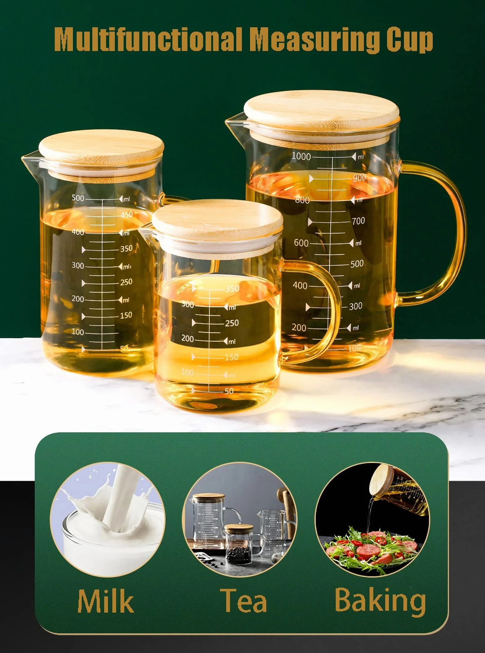 Jarra medidora de vidrio con tapa, vaso graduado con asa, contenedor de almacenamiento de sólidos líquidos, taza medidora con cepillo de limpieza, tazas mezcladoras para hornear bebidas de café, sum