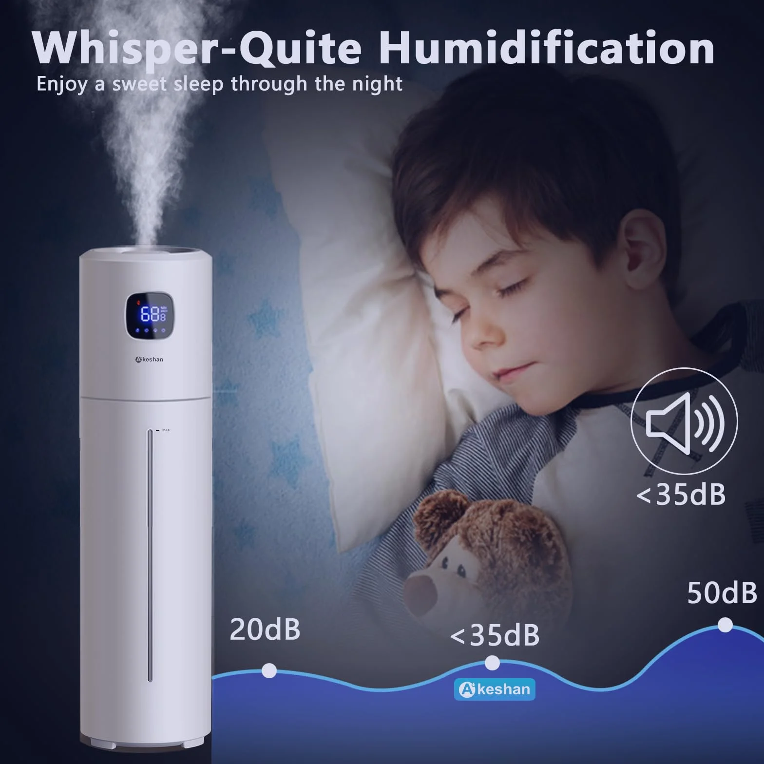 Akeshan Humidificador grande para dormitorio, niebla fría ultrasónica de 9 litros, llenado superior fácil de limpiar con gran velocidad de niebla de 350 ml/h, silencioso, adecuado para habitación de