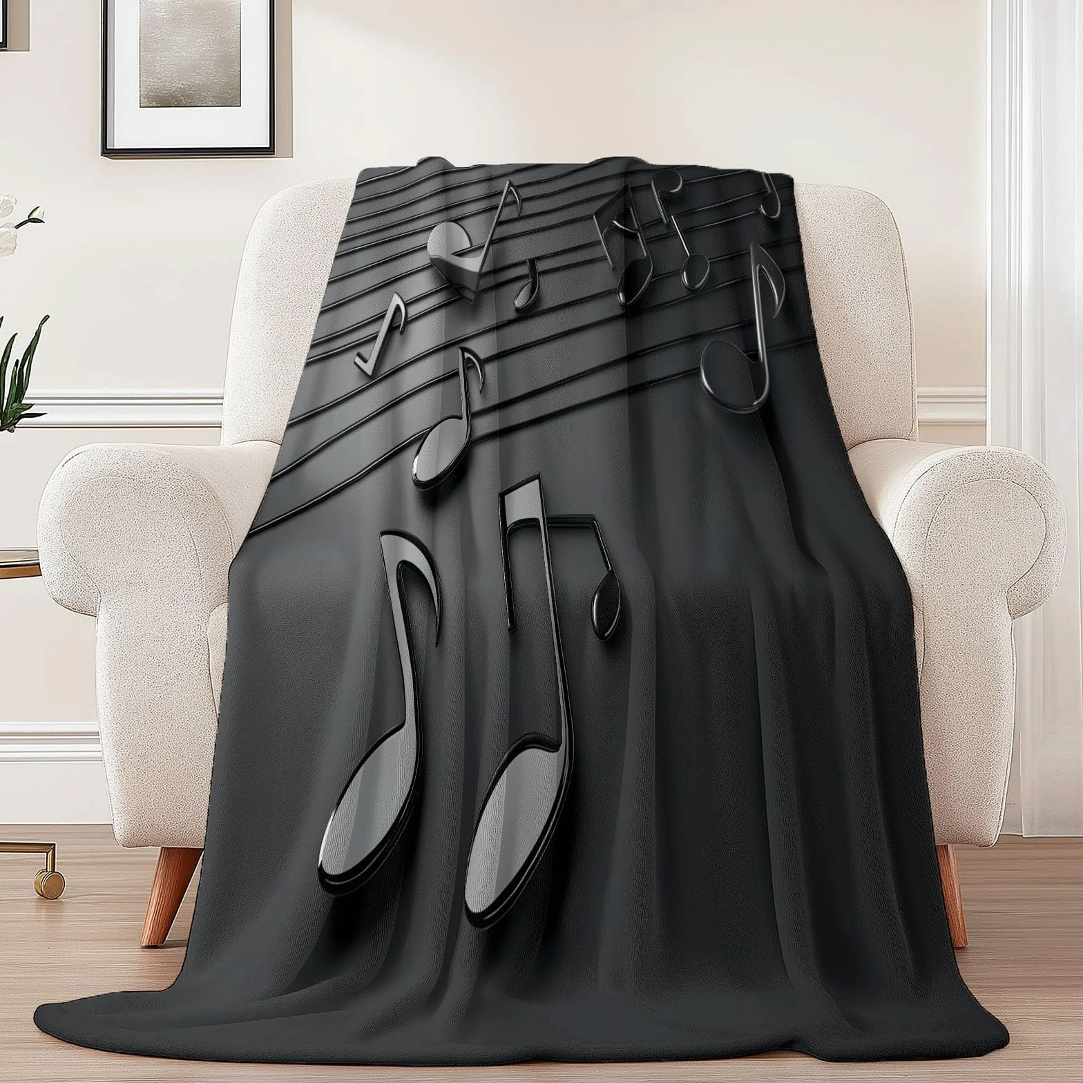 Manta de franela con diseño de música y notas musicales, rayas espectrales, símbolos, manta polar franela, suave y caliente, color negro, para niños, adultos, regalo para amigos, familia, sofá cama