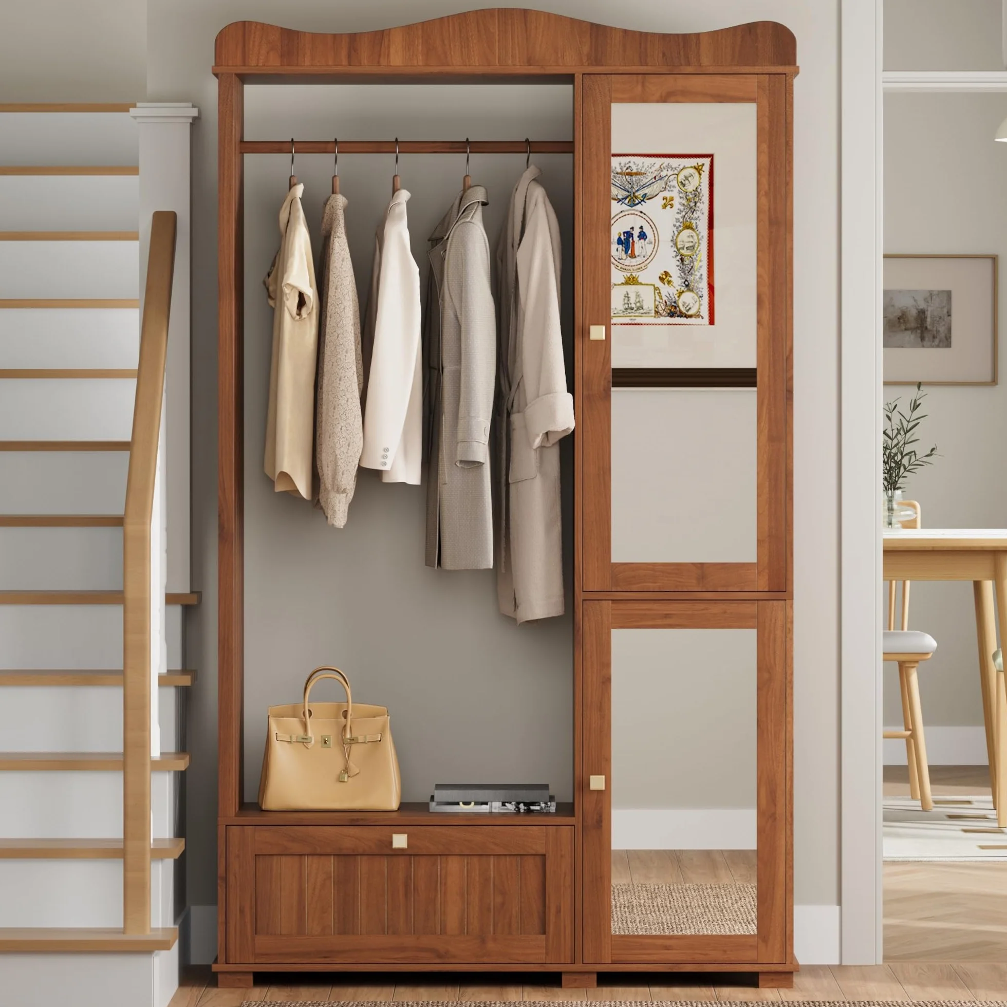 Conjunto de Armario/Perchero Recibidores de Entrada con Espejo, Juego de Mueble Recibidor con Barras para Colgar Ropa y Cajones, Armario Entrada, 115.5x38.5x194.5 cm, Color Nogal