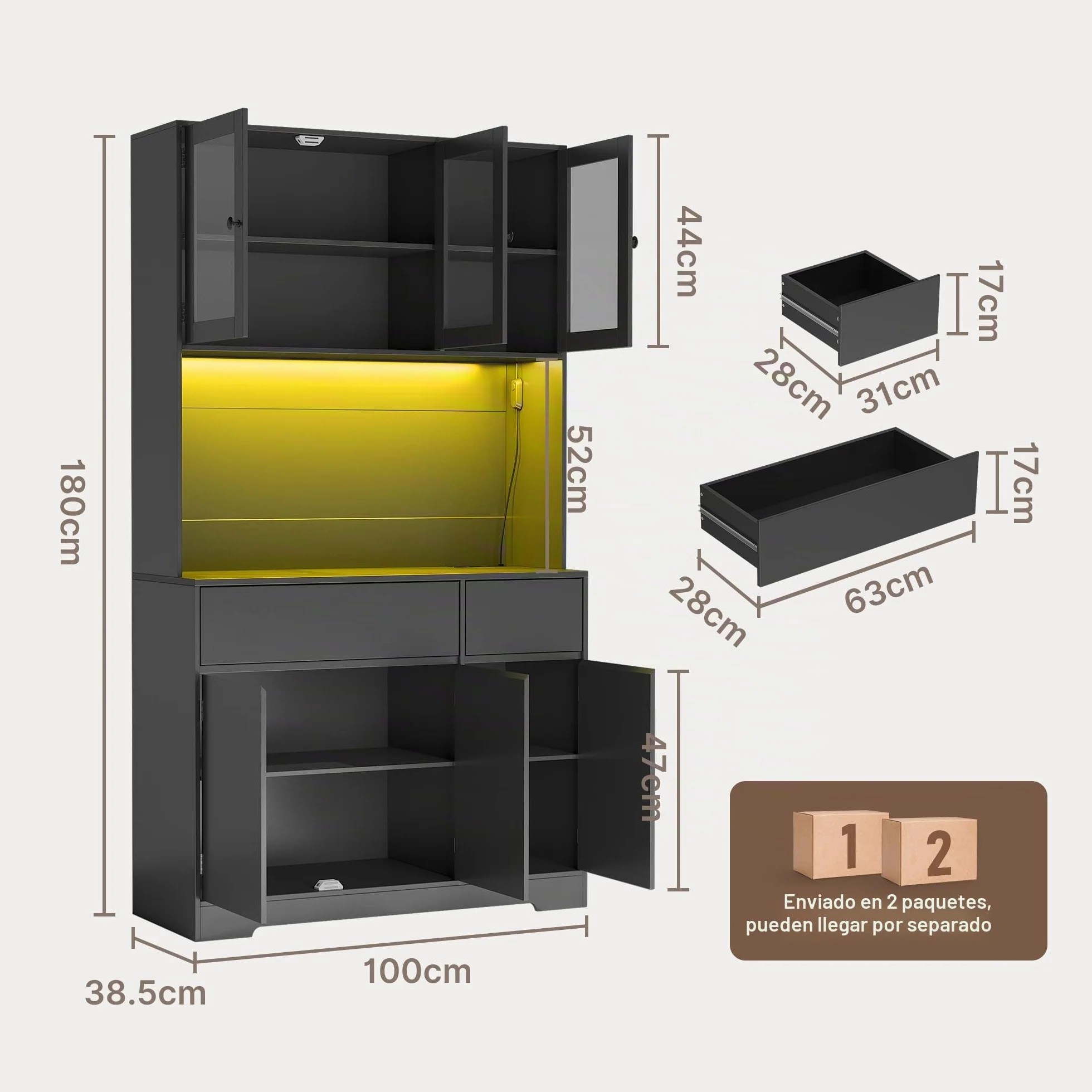 Armario Cocina Alto con LED y Enchufe, Mueble Auxiliar con Vitrina 6 Puertas 2 Cajones, 100x38,5x180 cm