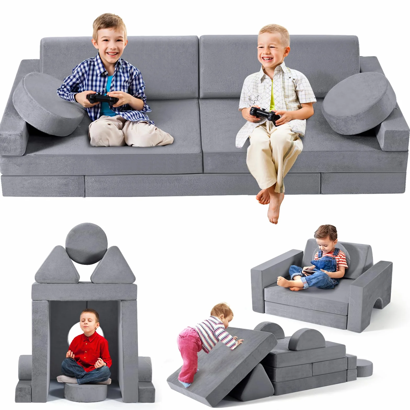 Sofá para niños, Juego de sofás para niños de 14 Piezas, Bloques de construcción de Espuma apilables, sofá de Juegos para niños para Zona de Dormir y Sala de Juegos (Gris)